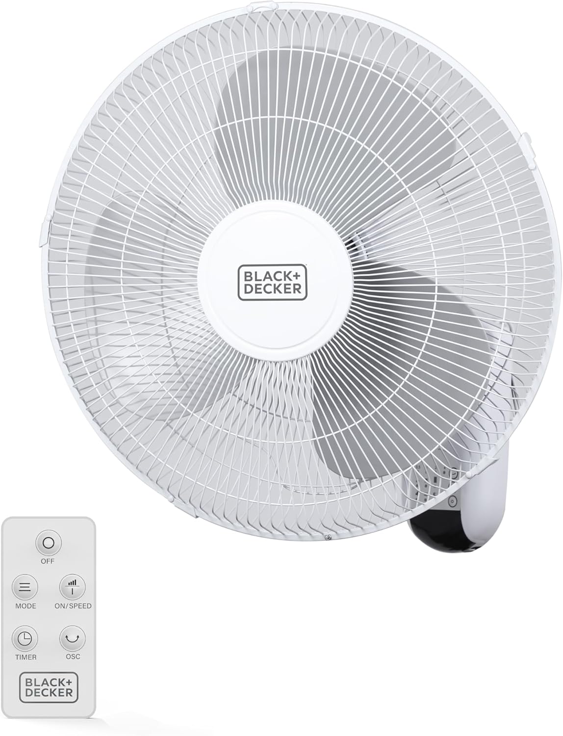 Black+Decker - 16" Wall Fan with Remote Control, Oscillating Fan with 3 Speed Settings - White