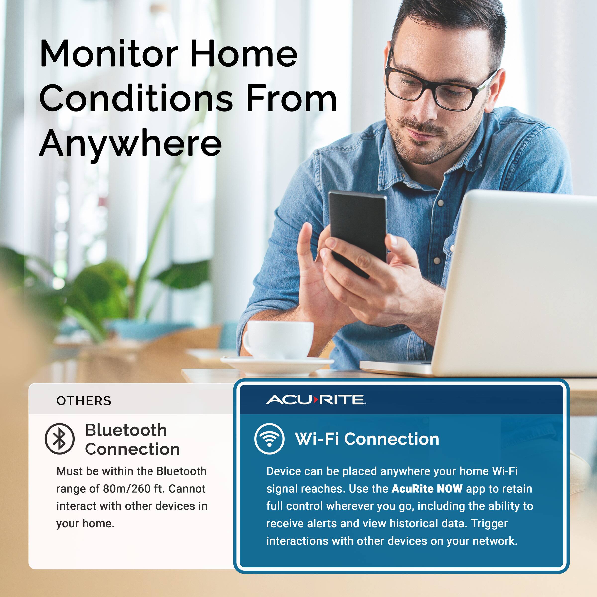 Monitor Home Conditions From Anywhere

OTHERS
Bluetooth Connection
Must be within the Bluetooth range of 80m/260 ft. Cannot interact with other devices in your home.

ACURITE
Wi-Fi Connection
Device can be placed anywhere your home Wi-Fi signal reaches. Use the AcuRite NOW app to retain full control wherever you go, including the ability to receive alerts and view historical data. Trigger interactions with other devices on your network.