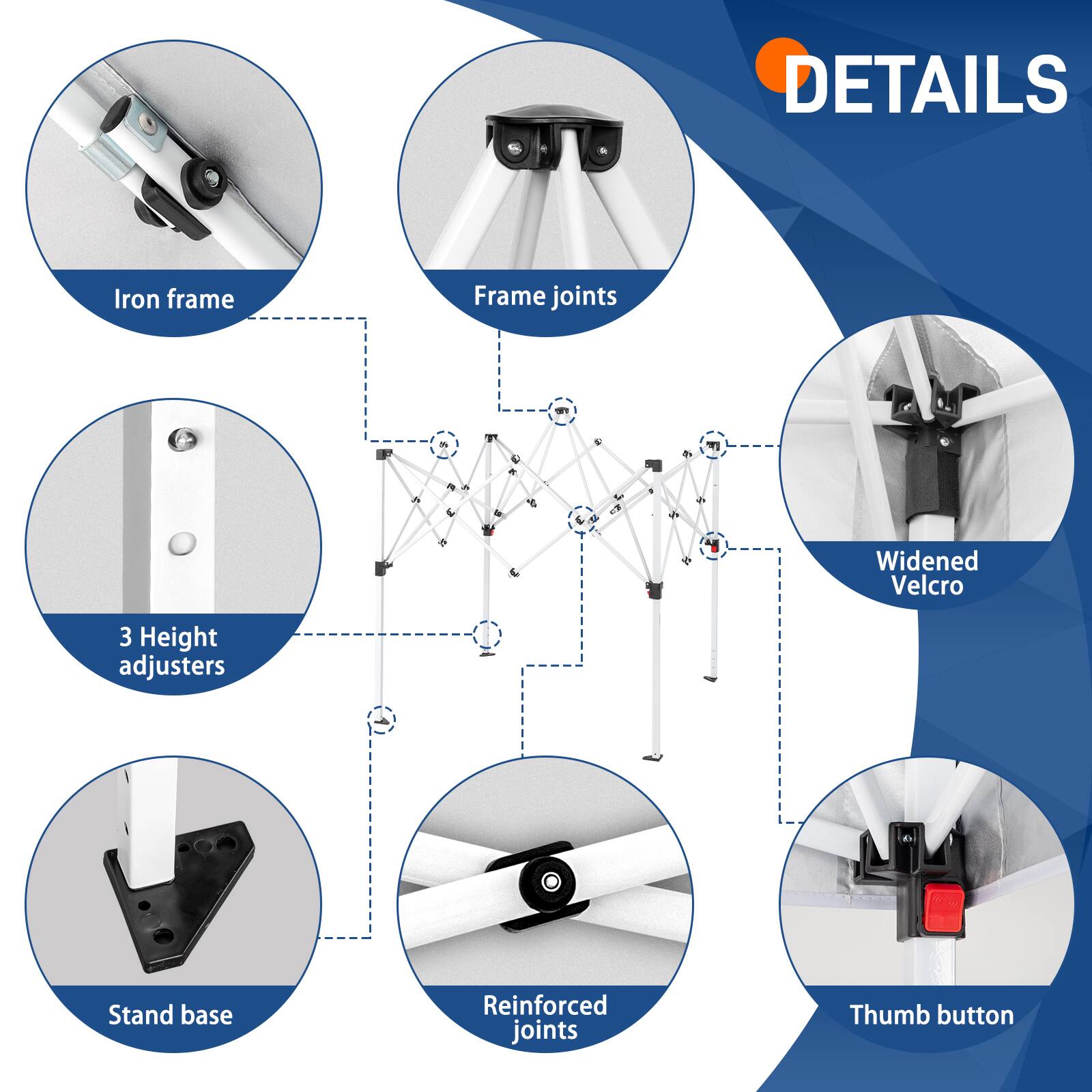 DETAILS  
- Iron frame  
- Frame joints  
- Widened Velcro  
- 3 Height adjusters  
- Stand base  
- Reinforced joints  
- Thumb button