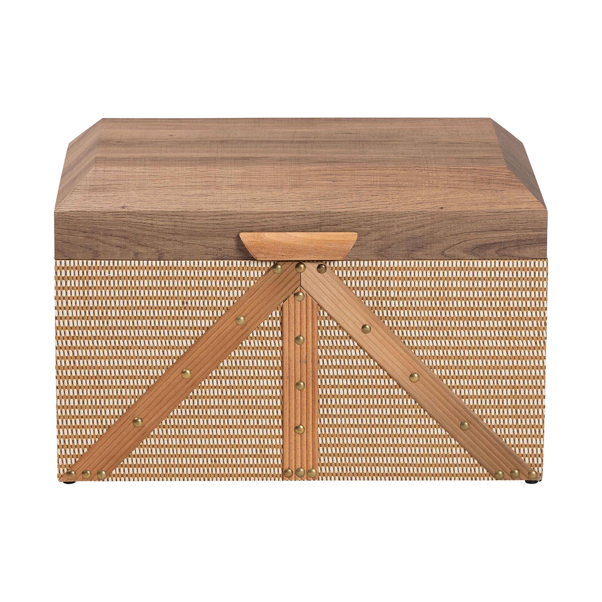 Left. Baxton Studio - Kande Storage Trunk - Decorative Storage Chest with Hinged Top and Woven Exterior for Living Room or Bedroom - Light Brown.