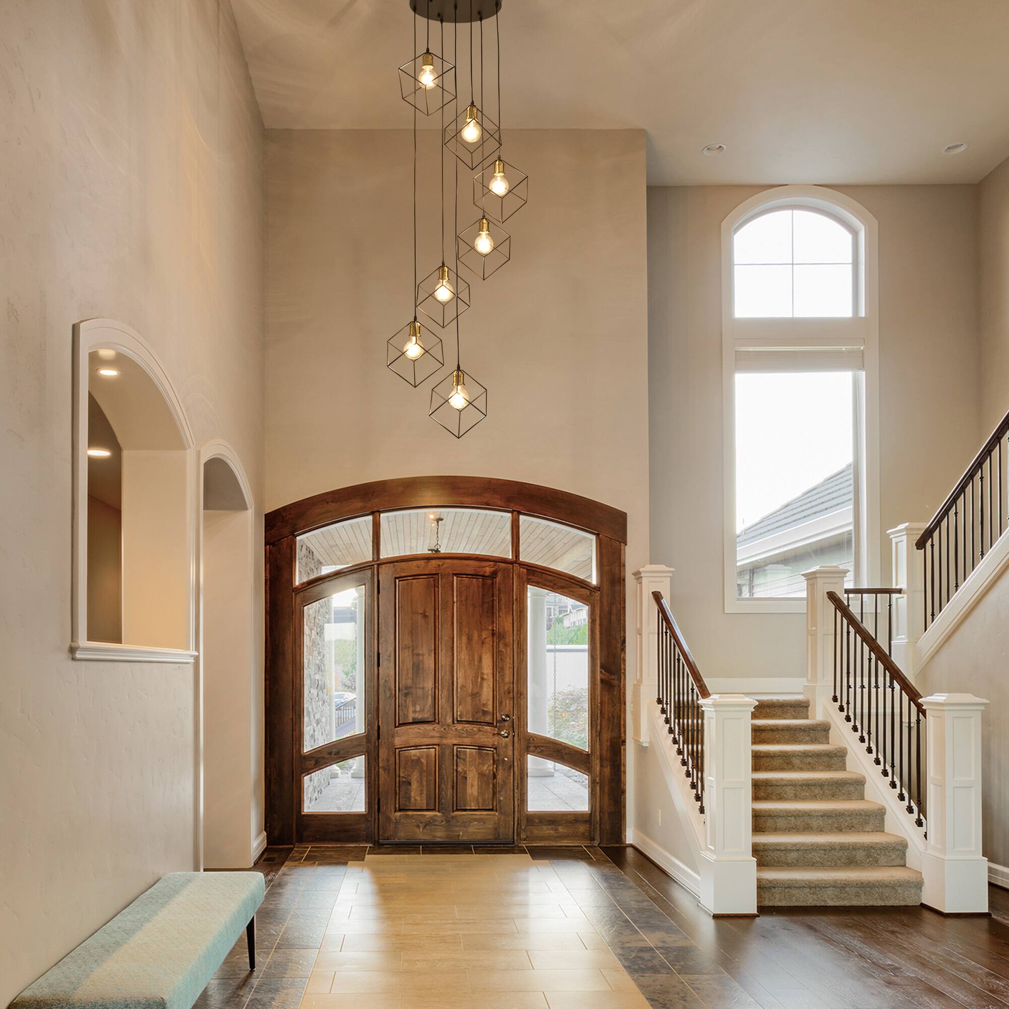 Alt View 1. RYHNUYNE - 7-Light Modern Foyer Chandelier,Black Long Pendant Light Fixture for High Ceilings Entryway,Large Staircase Chandeliers - Black.