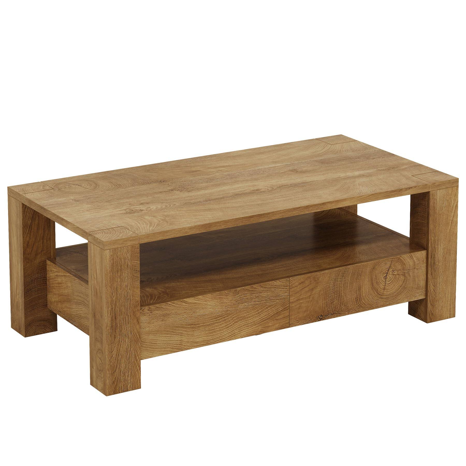 Alt View 5. Tribesigns - Farmhouse Coffee Table with Storage, 47" Large Rectangle Coffee Table with 2 Drawers & Open Shelf, Mid Century Modern Wo - Rustic Brown.