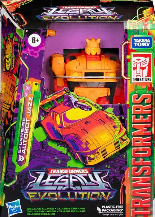 Sure, here is the corrected and grouped text from the image:

---

**Transformers: Legacy Evolution**

**8+**

**Takara Tomy Generations**

**Hasbro**

**Autobot Jazz**

**G2 Universe**

**Deluxe Class**

**Classe Deluxe**

**Classe Deluxe**

**Classe de Deluxe**

**Plastic-Free Packaging* (Except tape and glue)**

**Transformers**

**Legacy Evolution**

**Deluxe Class**

**Classe Deluxe**

**Classe de Deluxe**

**Classe de Deluxe**

**Plastic-Free Packaging* (Except tape and glue)**

---

This text is organized to reflect the branding, product details, and packaging information from the image.
