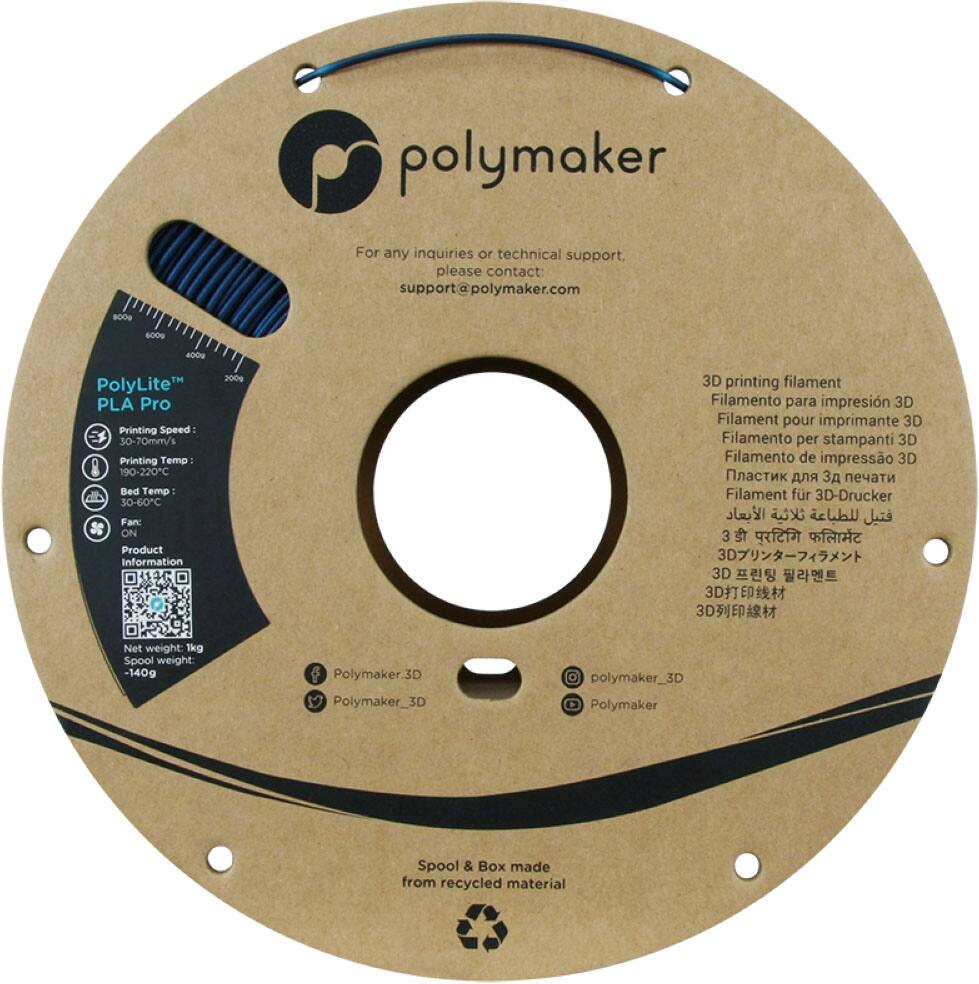 Polymaker For any inquiries or technical support, please contact [support@polymaker.com](mailto:support@polymaker.com). B00D 600g 400g PolyLite PLA Pro Printing Speed 30-70mm/s Printing Temp 190-220C Bed Temp 30-60C Fan ON Product Information 2009 3D printing filament Filamento para impresión 3D Filament pour imprimante 3D Filamento per stampante 3D Filamento de impresión 3D 3D 3D Net weight: 1kg Spool weight -140g Polymaker.3D Polymaker Spool & Box made from recycled material