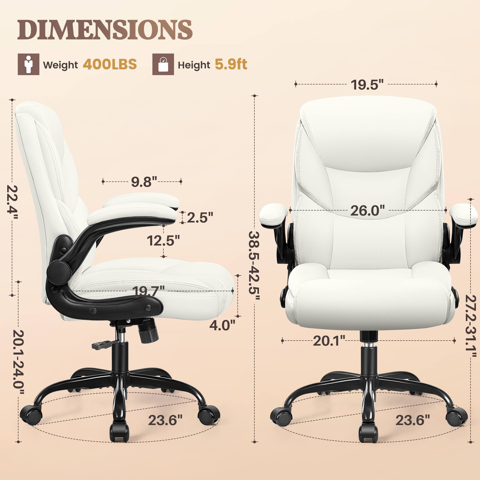 DIMENSIONS  
Weight 400LBS  
Height 5.9ft  
19.5"  
22.4"  
20.1-24.0"  
9.8"  
2.5"  
12.5"  
19.7"  
4.0"  
23.6"  
38.5-42.5"  
26.0"  
20.1"  
23.6"  
27.2-31.1"