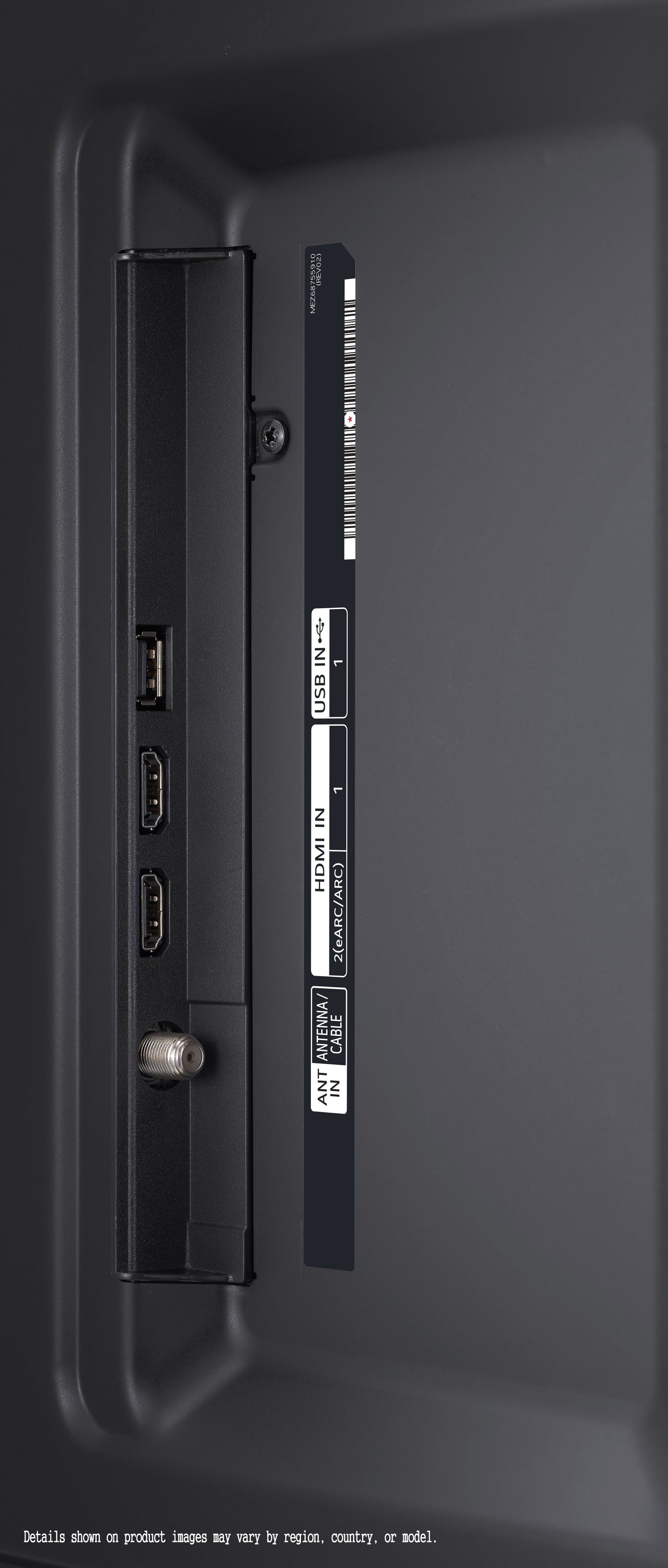 The text on the image reads: "MEZ68MS9U EOAR 4 o IN USB 1 1 IN HDMI 2 (eARC/ARC) ANTENNA/ CABLE ANT IN Details shown on product images may vary by region, country, or model."