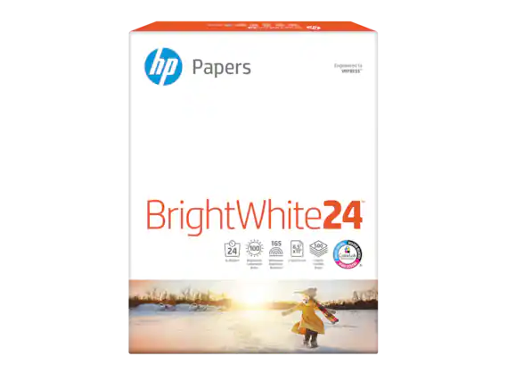 Sure, here is the corrected and grouped text from the image:
---
**HP Papers**
Engineered to IMPRESS™
**BrightWhite 24**
- 24 lb (90 g/m²)
- 100 Brightness
- 165 Whiteness
- 8.5 x 11" (216 x 279 mm)
- 500 Sheets
- ColorLok Technology for VIVID COLORS
- AIRA-DRTG
- Luminosité
- Blancheur
- Feuilles
- Hojas
---
This text is organized to reflect the information on the packaging.