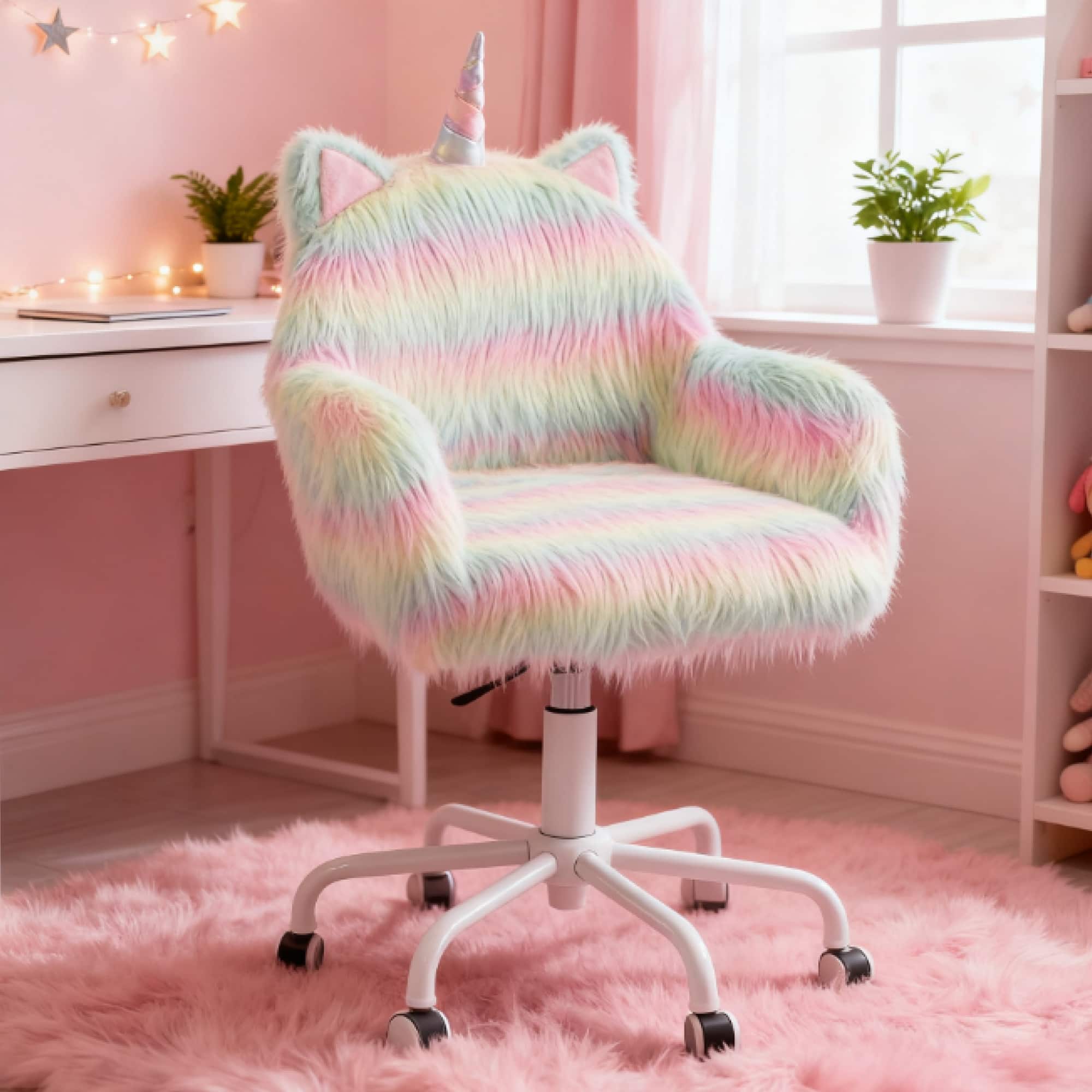 GOODSILO - Whimsical Plush Unicorn Swivel Chair with Adjustable Height for Playrooms and Home Offices - Rainbow