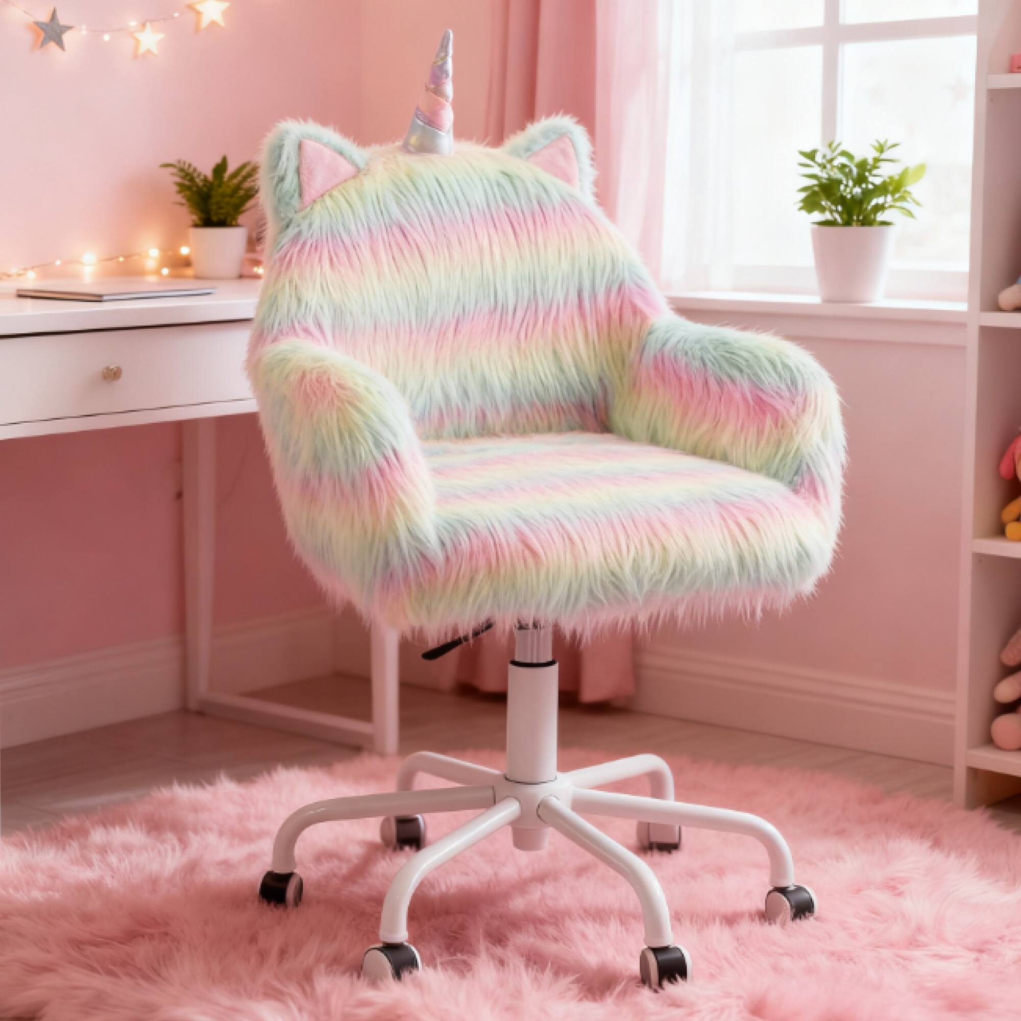 GOODSILO - Whimsical Plush Unicorn Swivel Chair with Adjustable Height for Playrooms and Home Offices - Rainbow