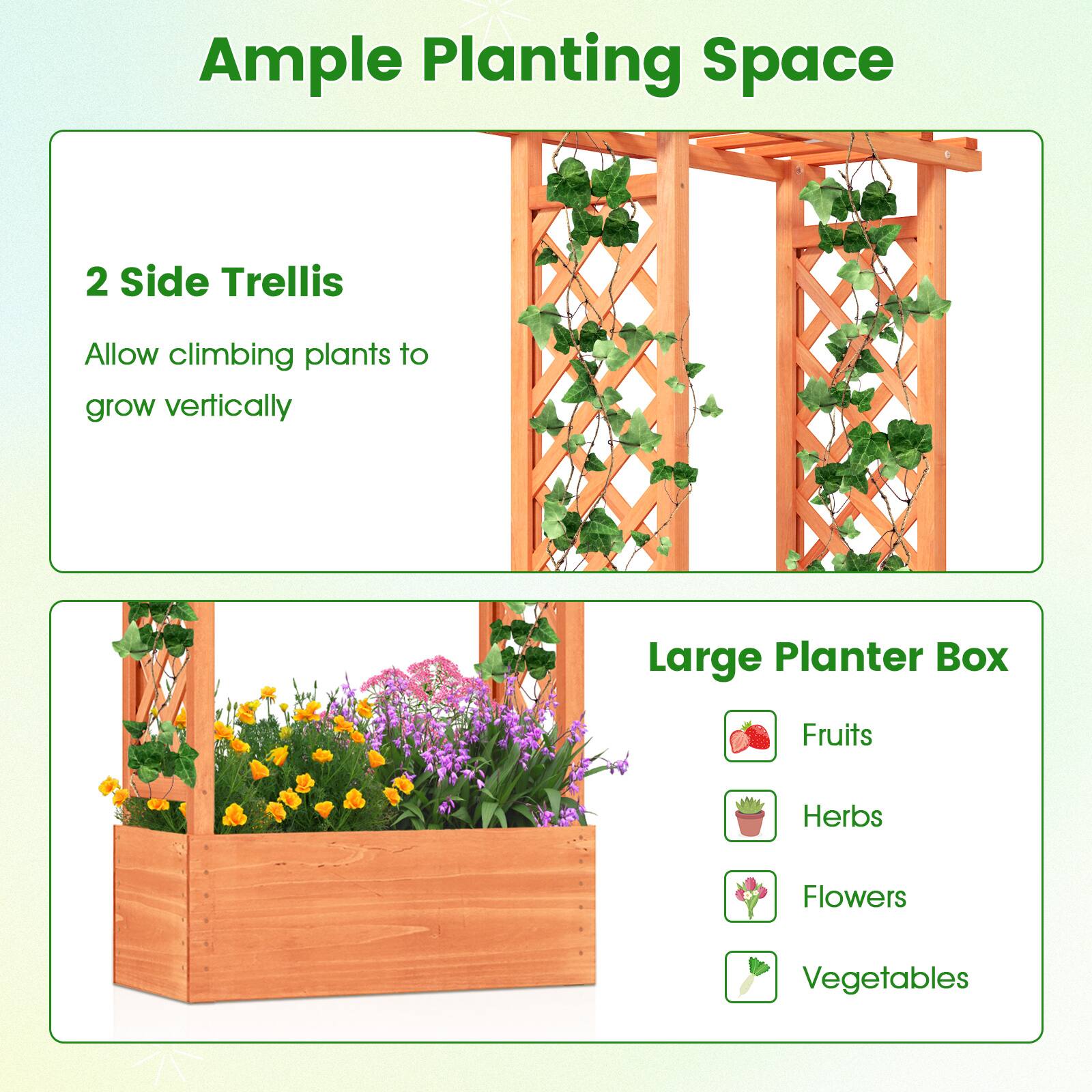 Ample Planting Space
2 Side Trellis
Allow climbing plants to grow vertically
Large Planter Box
Fruits
Herbs
Flowers
Vegetables