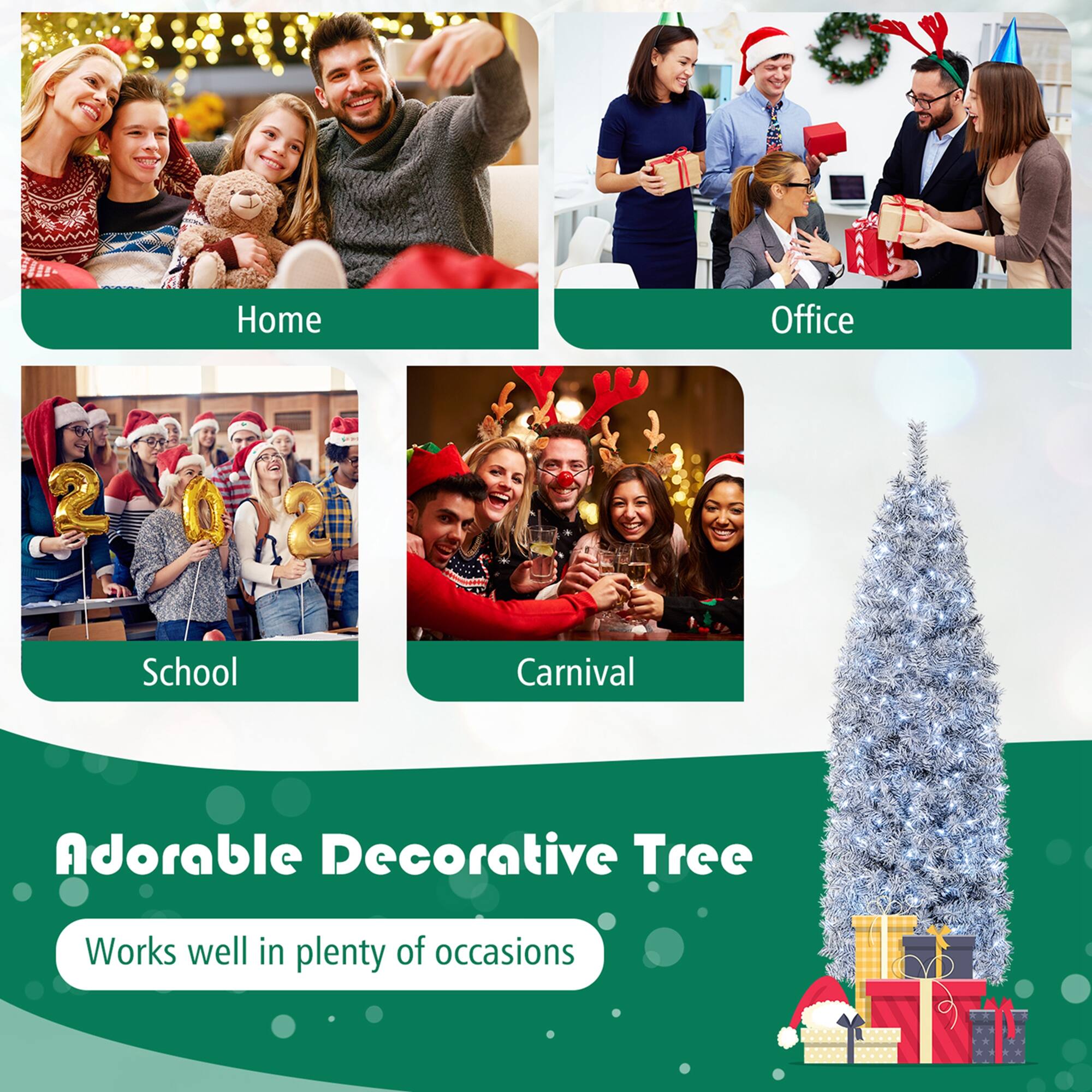 The text on the image is grouped and corrected as follows:

* Home
* Office
* School
* Carnival
* Adorable Decorative Tree
* Works well in plenty of occasions