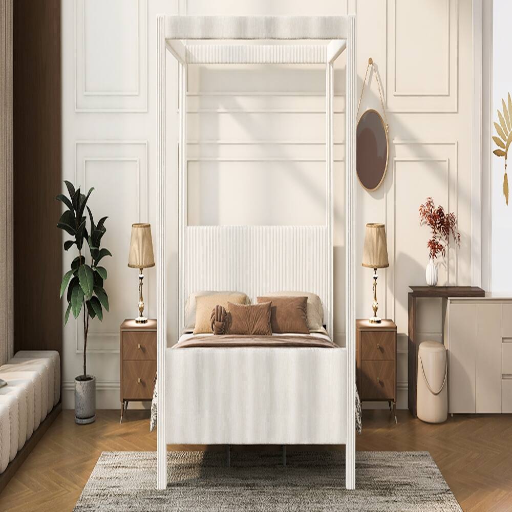 Alt View 4. Loheer - Loheer King Size Canopy Bed Upholstered Platform Bed Corduroy Beige - Beige.