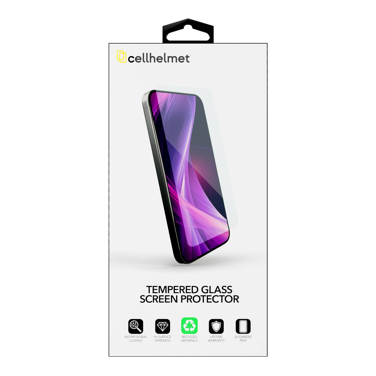 cellhelmet TEMPERED GLASS SCREEN PROTECTOR ANTIMICROBIAL - SURFACE COATING HARDNESS 9H RECYCLED MATERIALS LIFETIME WARRANTY ALIGNMENT TRAY