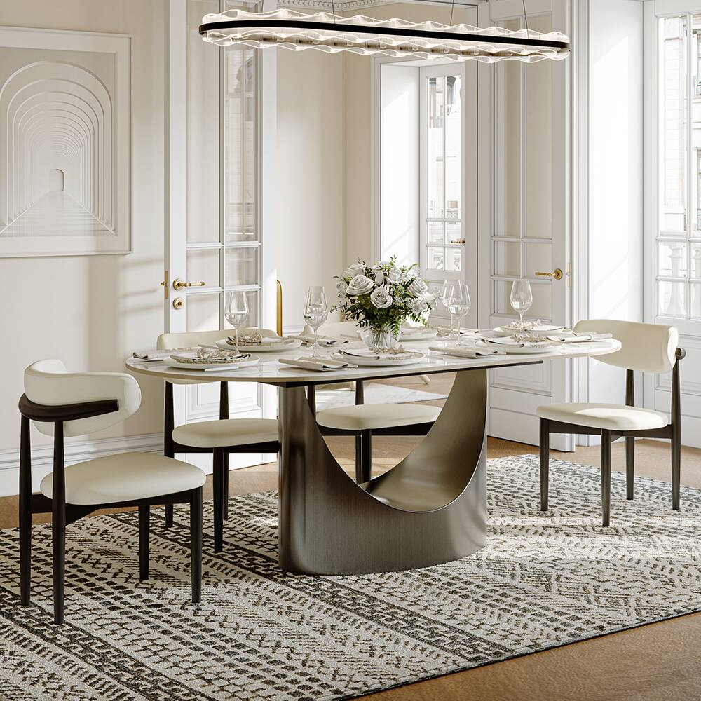Left. POVISON - 71"Hobart Modern Oval Dining Table for 8-10, White Oval Glossy Sintered Stone Kitchen Table, Gray Carbon Steel Base - White.