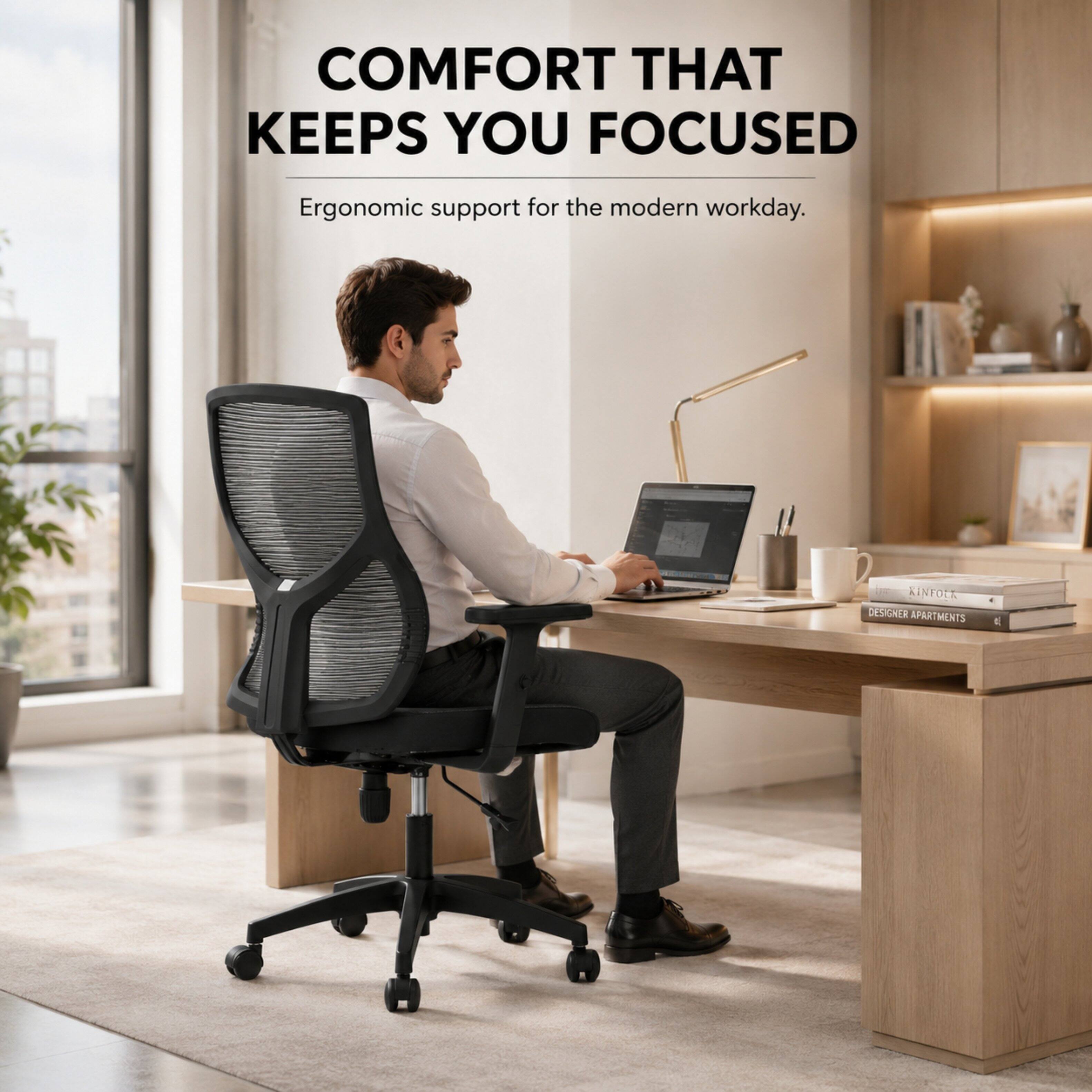 COMFORT THAT KEEPS YOU FOCUSED  
Ergonomic support for the modern workday.  
KINFOLK DESIGNER APARTMENTS