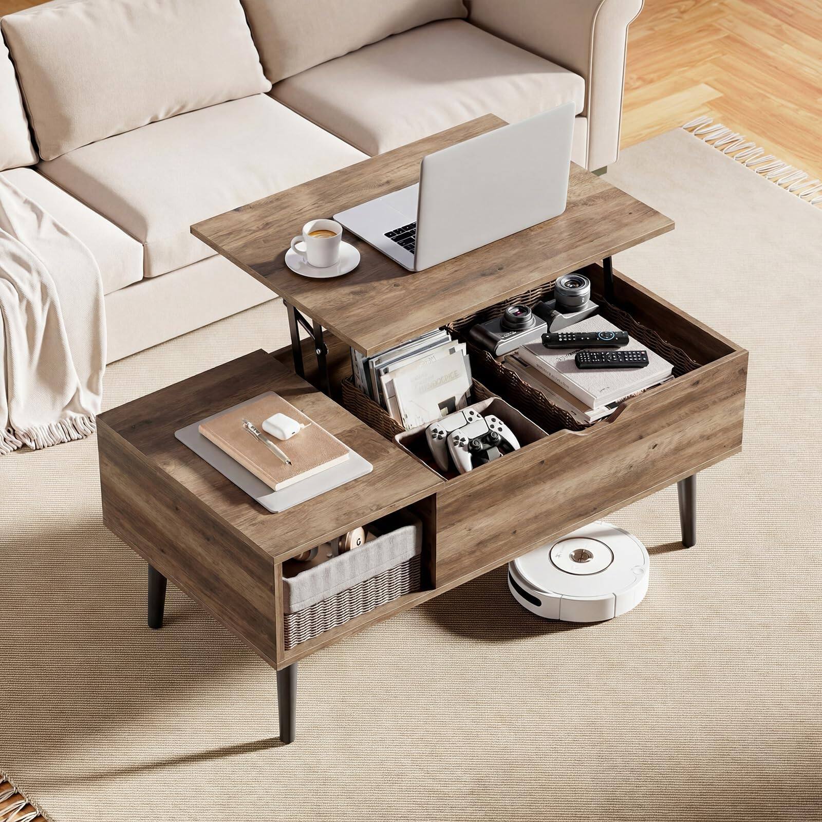 Alt View 4. Bestier - Wooden Lift Top Coffee Table with Hidden Compartments and Adjustable Storage Shelves - Gray.