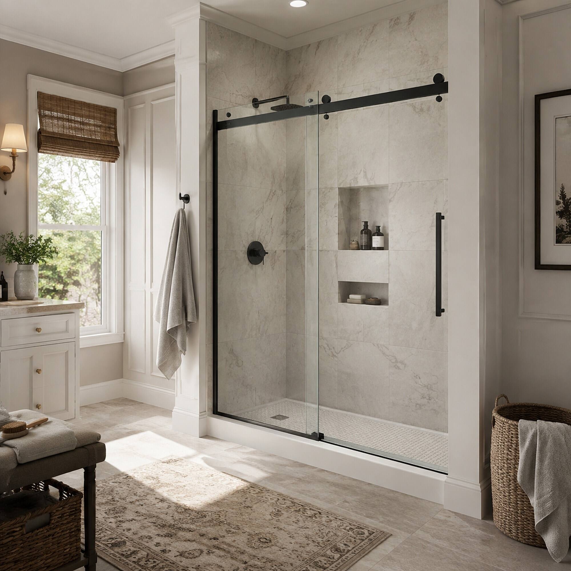 Angle. RYHNUYNE - 56-60" W X 76" H Frameless Single Sliding Shower Door With 1/4" Tempered Glass, Matte Black - Black.