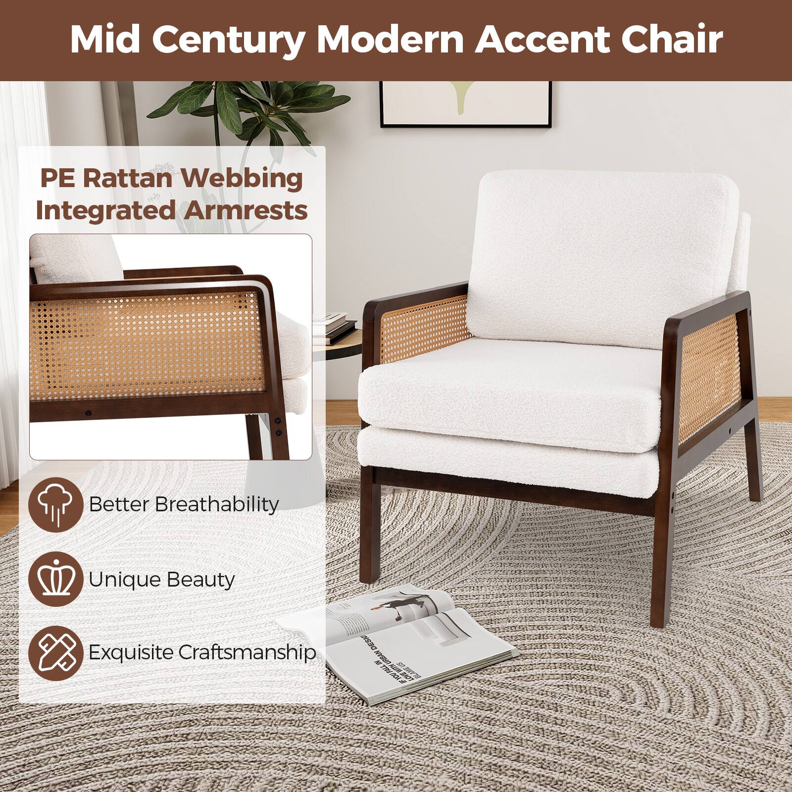 Mid Century Modern Accent Chair PE Rattan Webbing Integrated Armrests Better Breathability Unique Beauty Exquisite Craftsmanship At 5M.