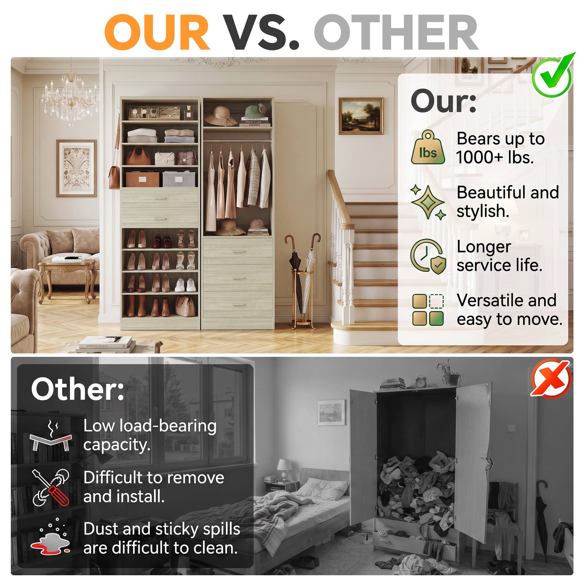 OUR VS. OTHER

Our:
- Bears up to 1000+ lbs.
- Beautiful and stylish.
- Longer service life.
- Versatile and easy to move.

Other:
- Low load-bearing capacity.
- Difficult to remove and install.
- Dust and sticky spills are difficult to clean.