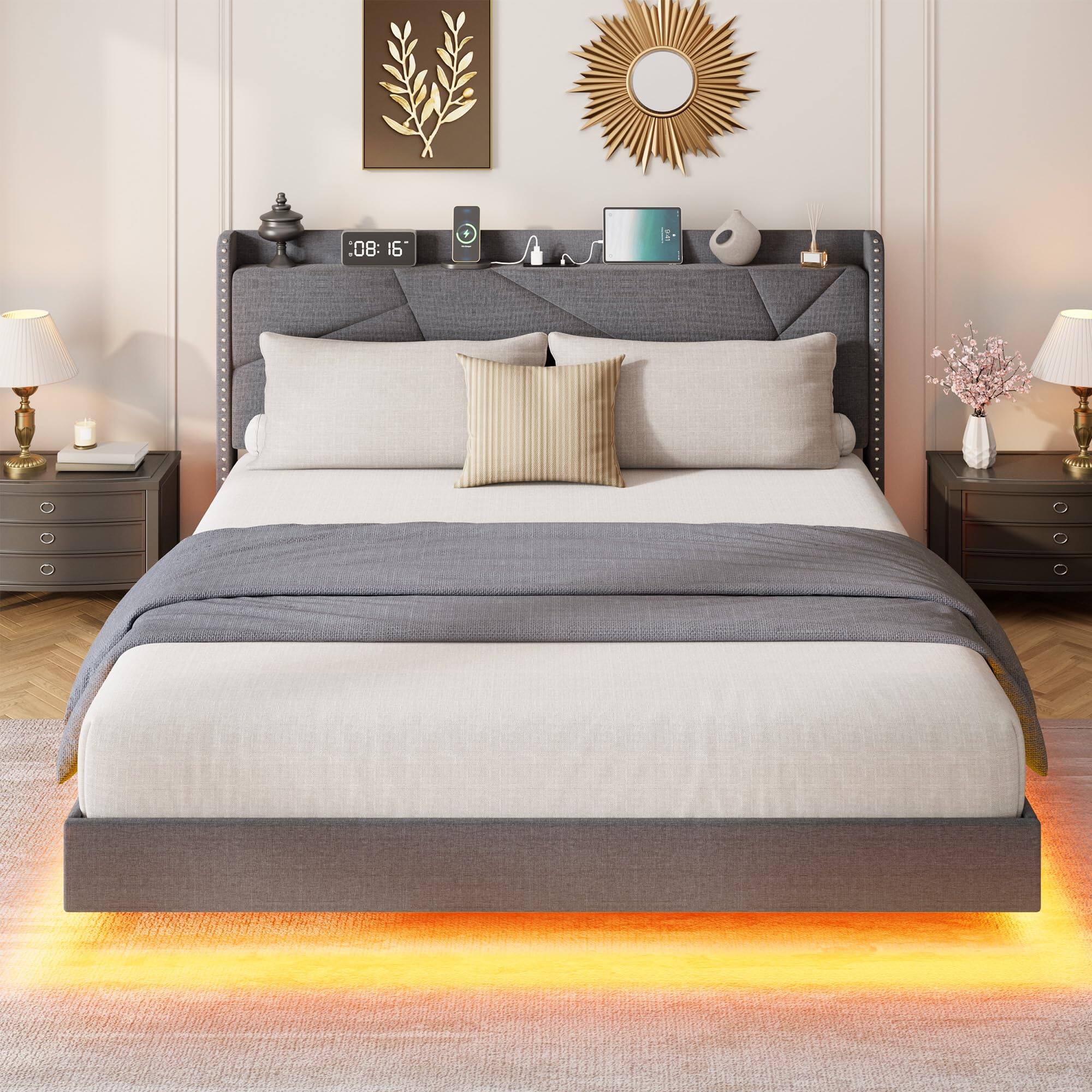 Angle. Jojoka - Full Floating Bed Frame with LED Lights, Storage Headboard & Charging Station, Upholstered Platform Beds - Gray.