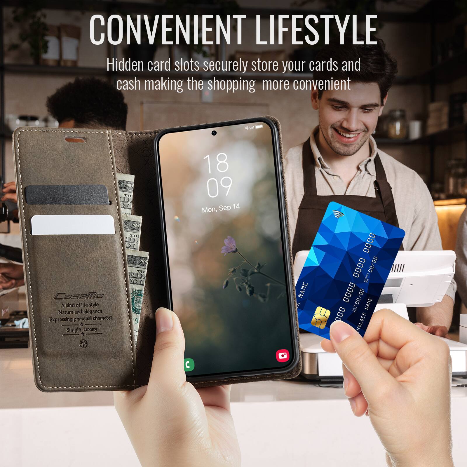 CONVENIENT LIFESTYLE  
Hidden card slots securely store your cards and cash making the shopping more convenient  

FIE D 18 09 Sep 14 Mon, Coseilla A Und ol t'a style Nature and elegance Exprossing personal character a Simple Lusry 2  15 H W 9  

NAME E 0000 00/00 D0 0000 la DU 0000 00/00  

NAME 000 I C C