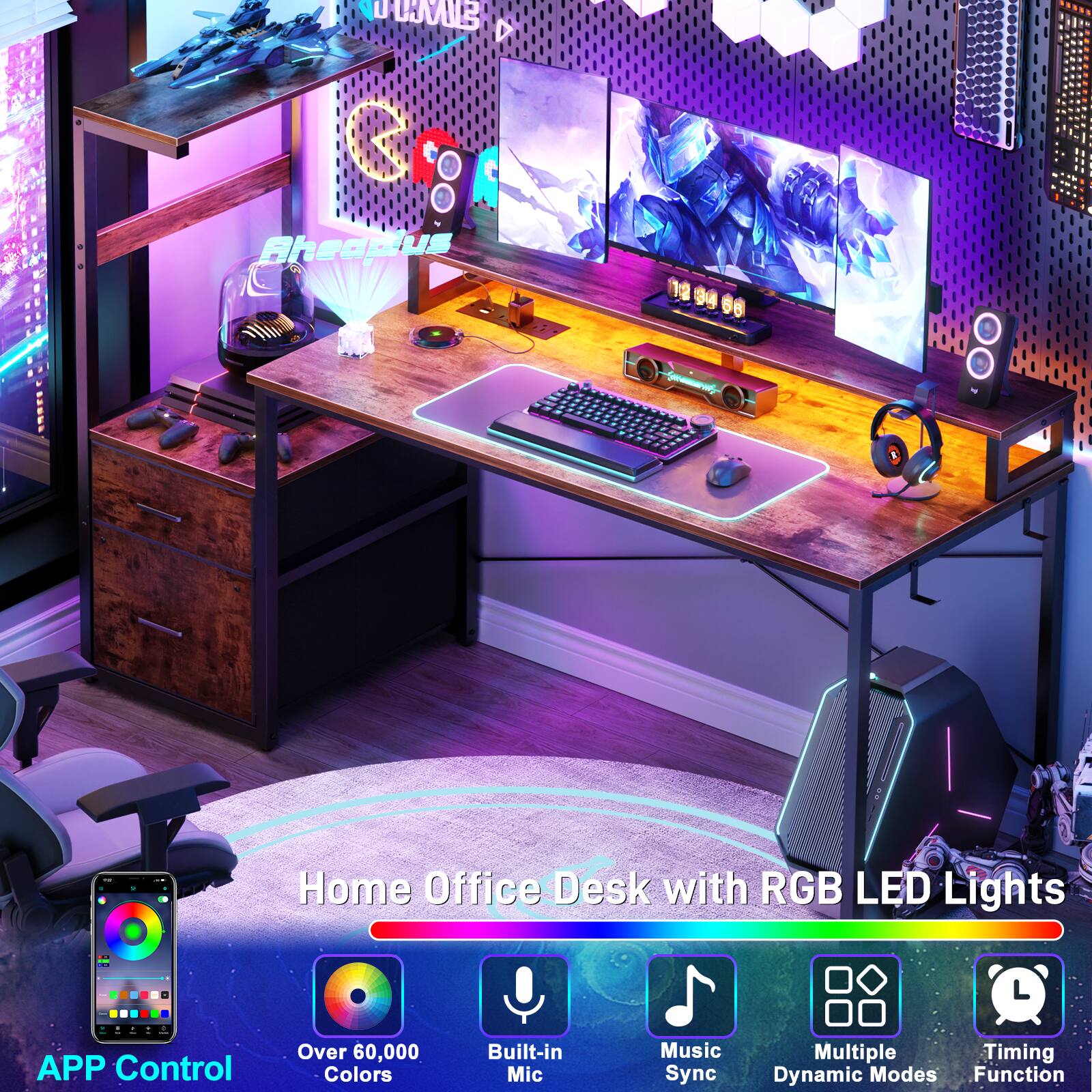 Home Office Desk with RGB LED Lights

- APP Control
- Over 60,000 Colors
- Built-in Mic
- Music Sync
- Multiple Dynamic Modes
- Timing Function