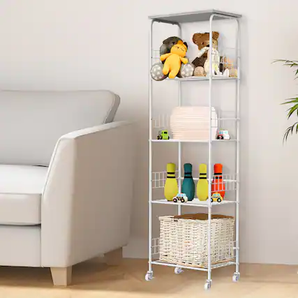 Front. Oumilen - 5-Tier Wire Storage Shelf with Wood Top, White Metal Frame & Accessories, Gray - Gray.