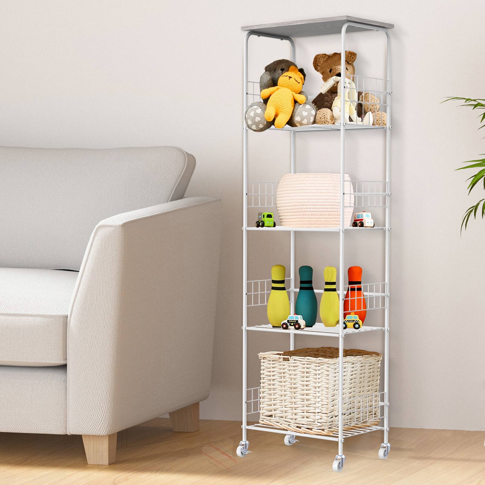 Front. Oumilen - 5-Tier Wire Storage Shelf with Wood Top, White Metal Frame & Accessories, Gray - Gray.