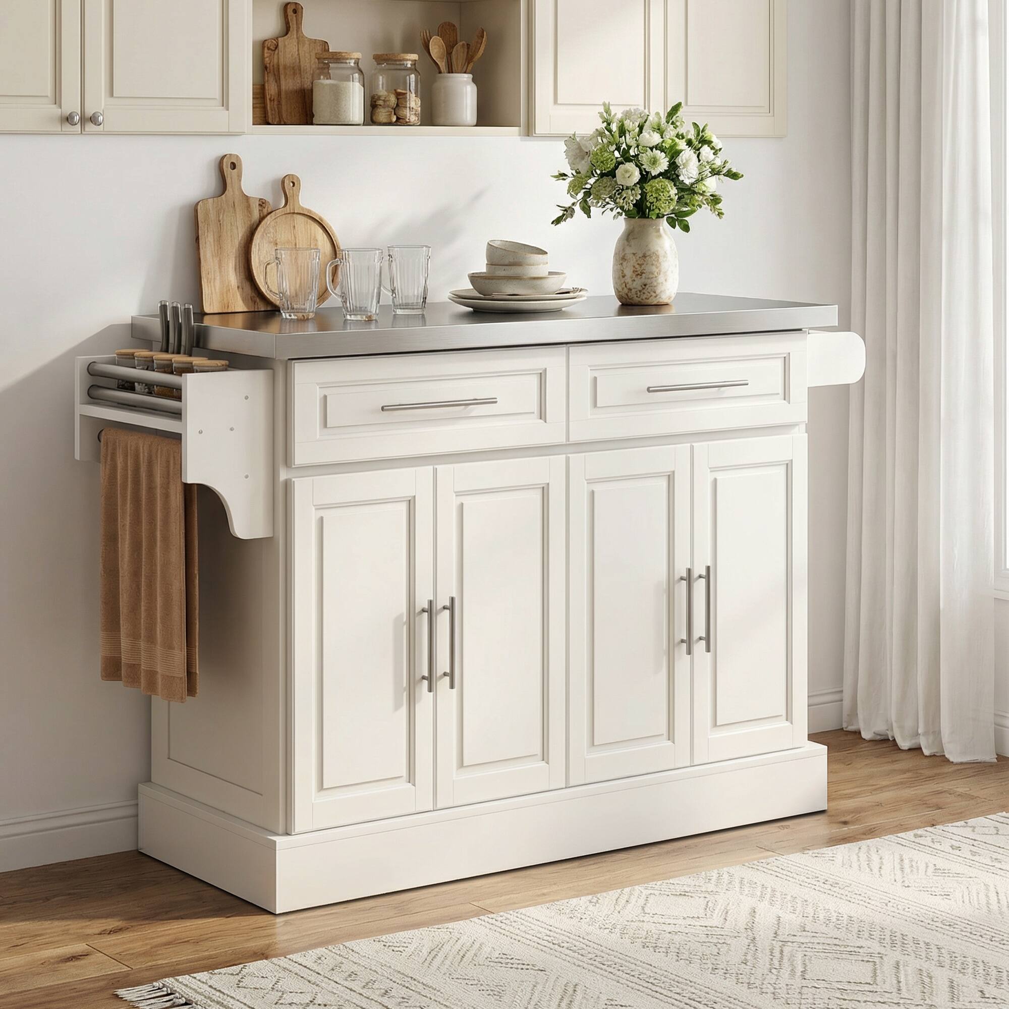 Alt View 8. Homcom - Kitchen Island with Stainless Steel Top, 2 Drawers, Spice, Knife and Towel Rack and Cabinets - Cream White.