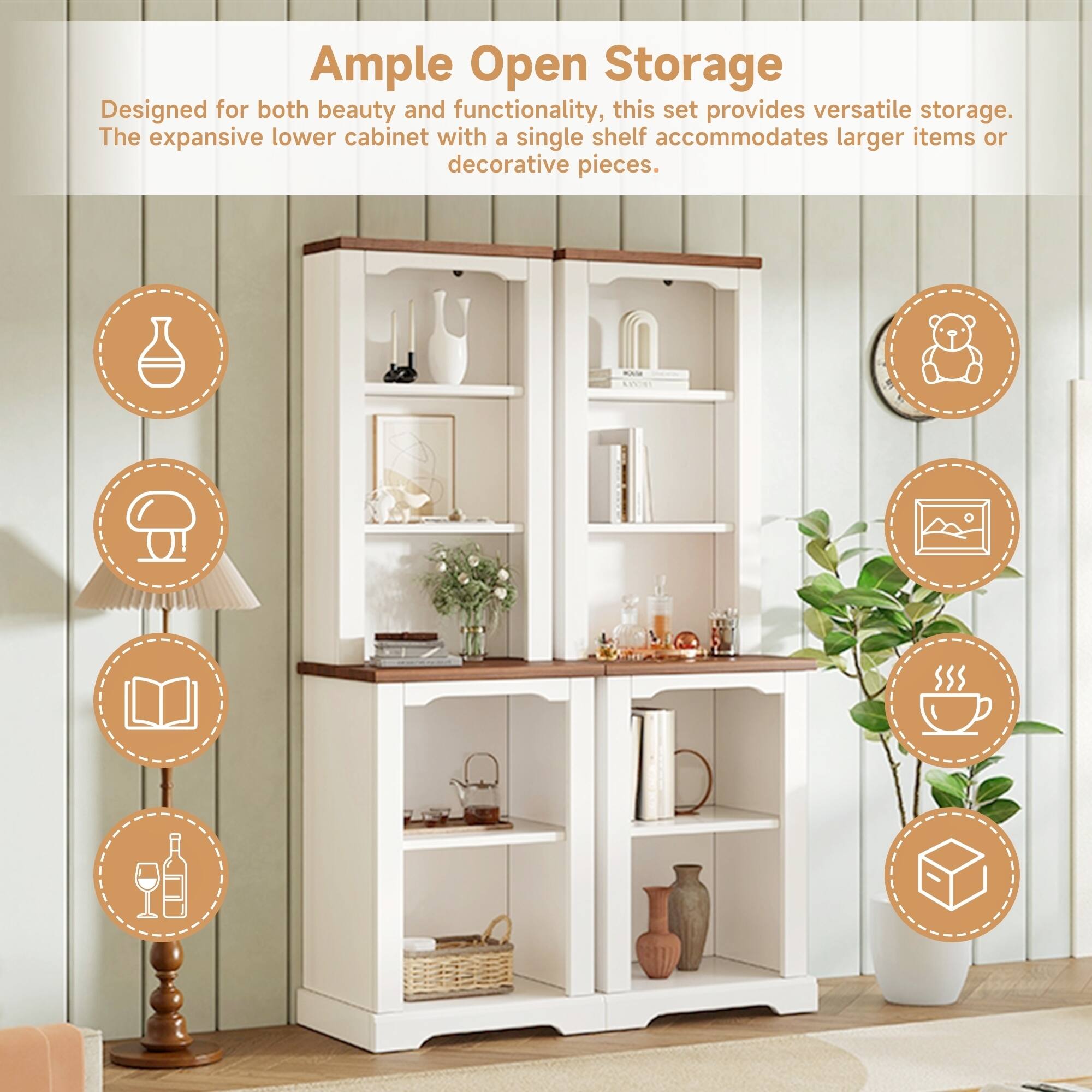 Ample Open Storage

Designed for both beauty and functionality, this set provides versatile storage. The expansive lower cabinet with a single shelf accommodates larger items or decorative pieces.