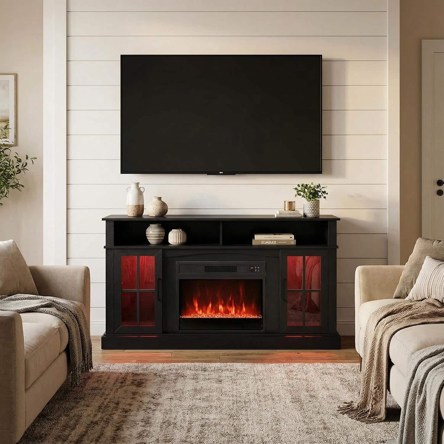 Pefilos - 58 Fireplace TV with LED Sleek Media Storage for Living Room Home Theater TV Stand - Black
