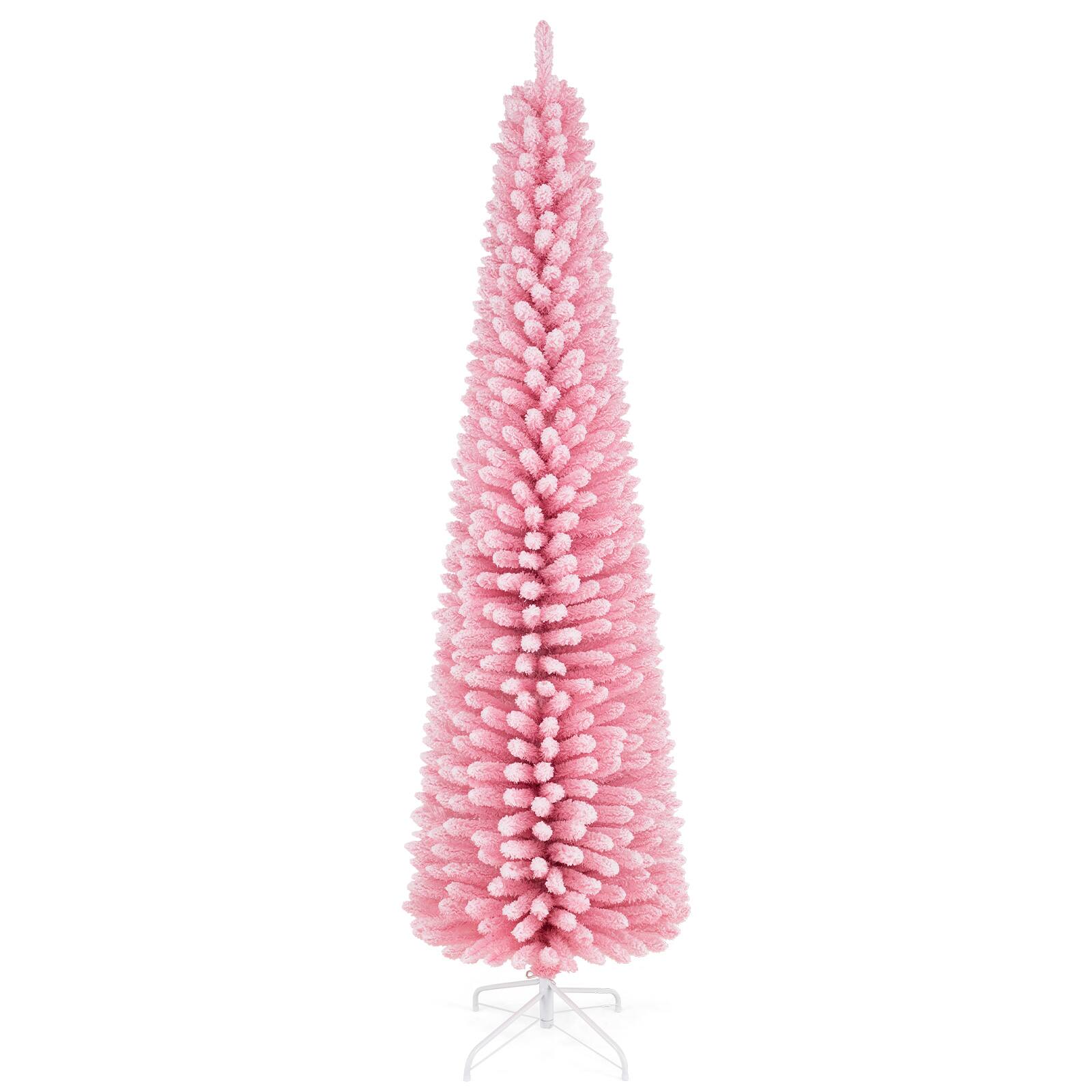 Alt View 9. Gymax - Gymax 7FT Flocked Pencil Christmas Tree 575 Full Branch Tips & Folding Metal Stand Pink - Pink.