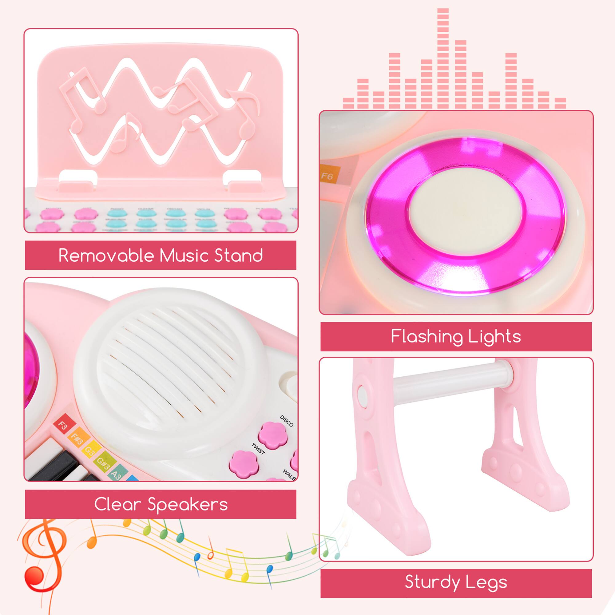 - Removable Music Stand
- Flashing Lights
- Clear Speakers
- Sturdy Legs