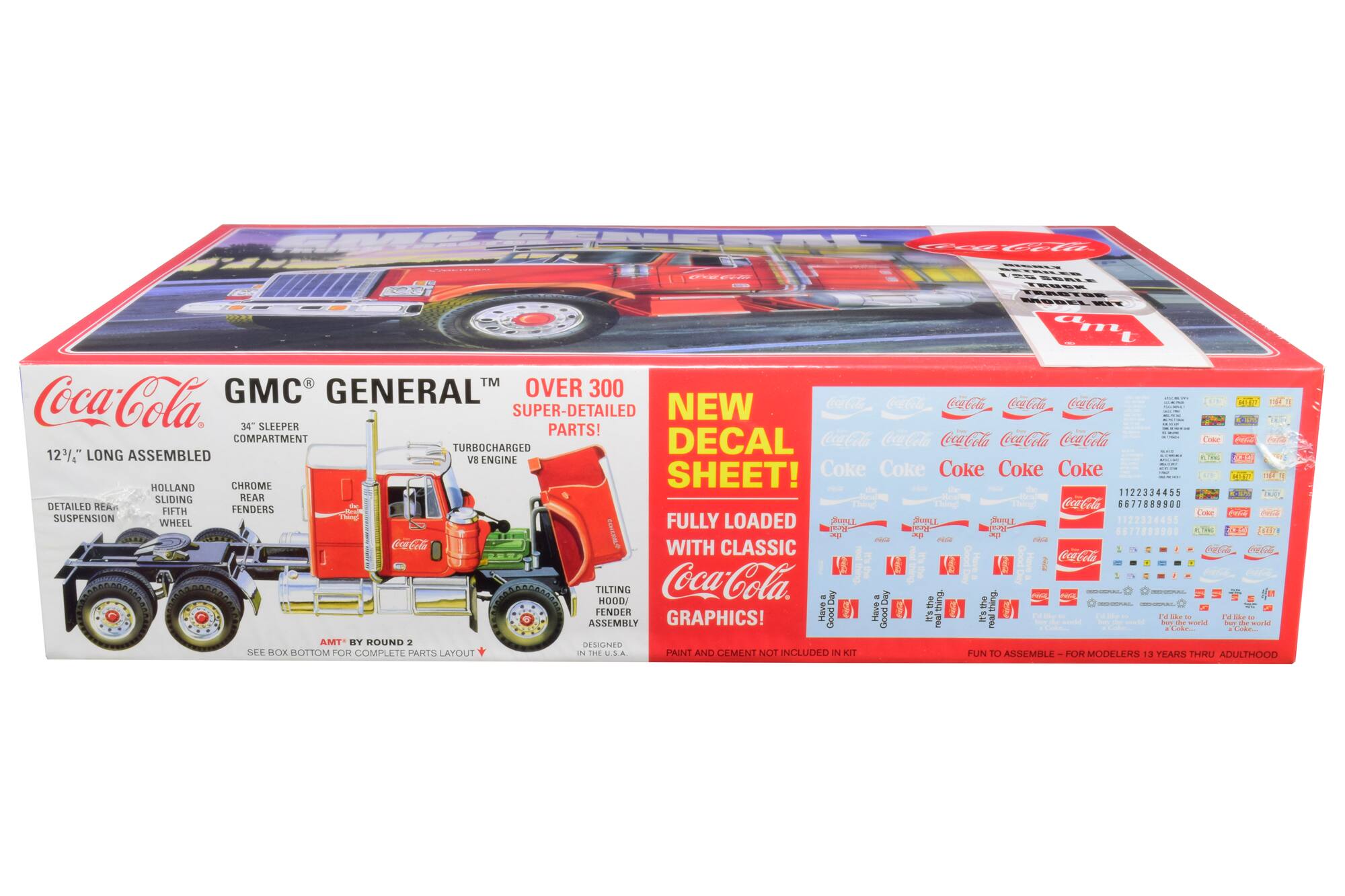 Coca-Cola GMC GENERAL  
34" SLEEPER COMPARTMENT  
OVER 300 SUPER-DETAILED PARTS!  
12½" LONG ASSEMBLED  
TURBOCHARGED V8 ENGINE  
HOLLAND SLIDING SUSPENSION  
CHROME REAR FENDERS  
FULLY LOADED WITH CLASSIC Coca-Cola GRAPHICS!  
NEW DECAL SHEET!  
FUN TO ASSEMBLE - FOR MODELLERS 13 YEARS THRU ADULTHOOD  
SEE BOX BOTTOM FOR COMPLETE PARTS LAYOUT  
PAINT AND CEMENT NOT INCLUDED IN KIT  
AMT BY ROUND 2