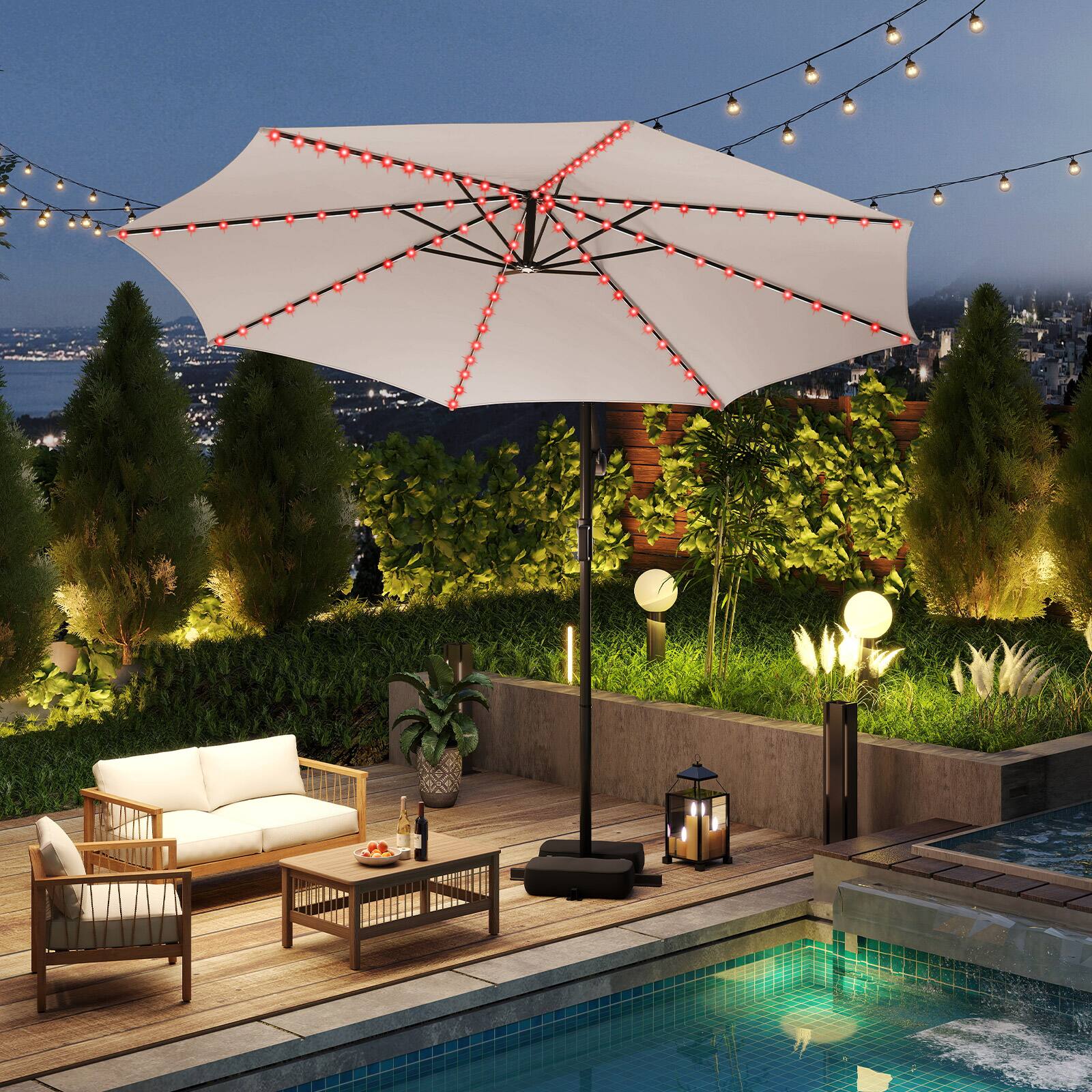 Alt View 3. Costway - Costway 10 FT Solar Offset Hanging Umbrella with 96 Solar Multi-colored Flowing LED Lights - Beige.
