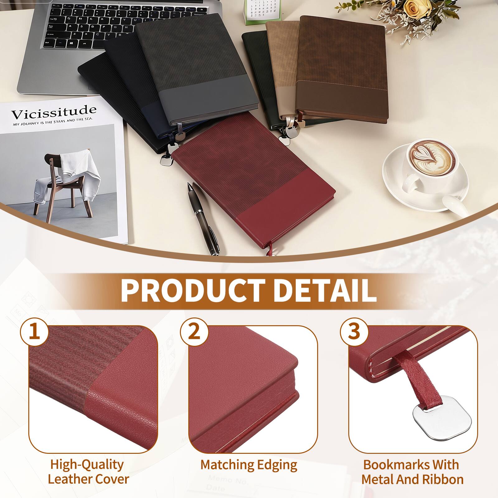 Vicissitude

PRODUCT DETAIL

1. High-Quality Leather Cover
2. Matching Edging
3. Bookmarks With Metal And Ribbon