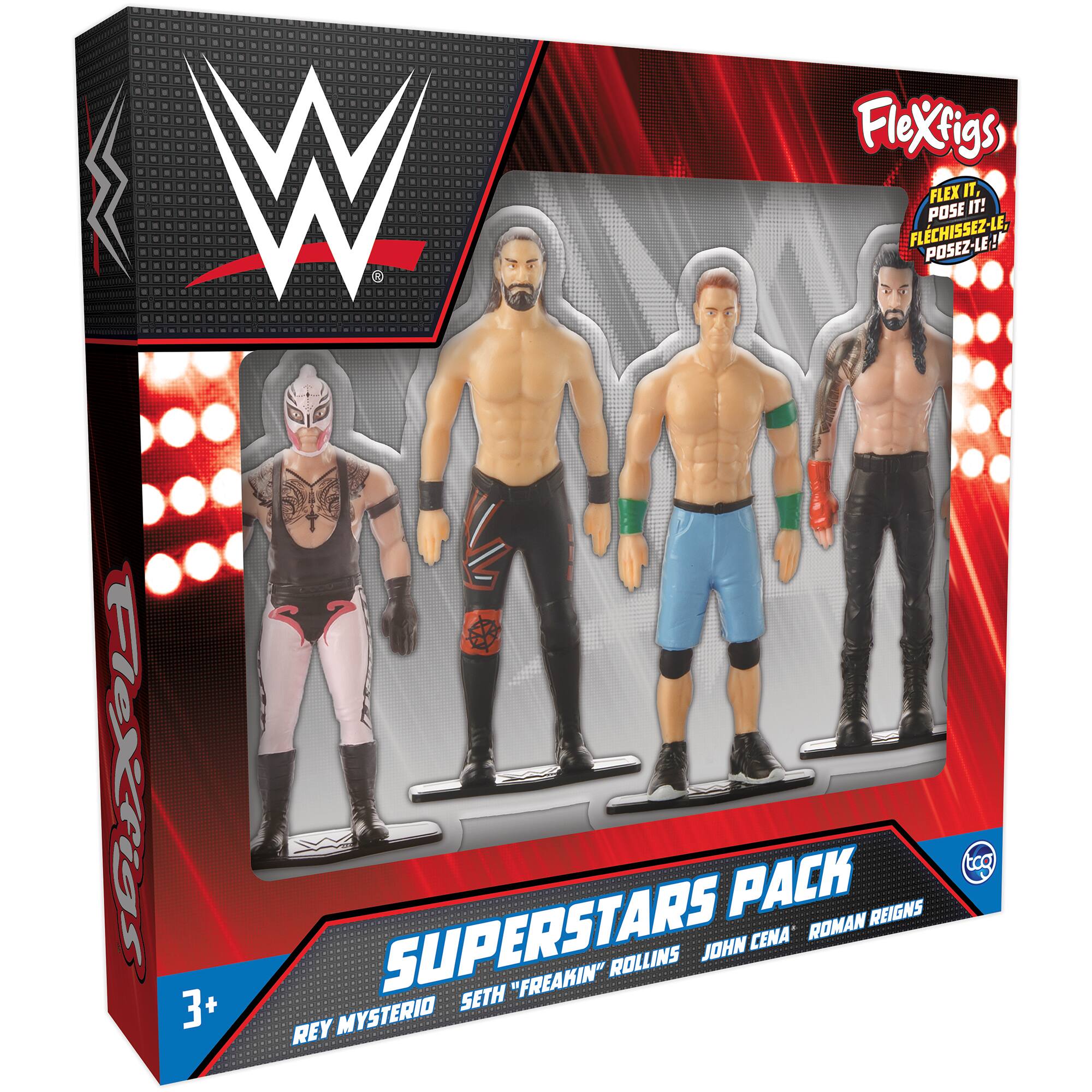 FleXfigs WWE Superstars Pack 3 includes John Cena, Roman Reigns, Seth Rollins, and Rey Mysterio. The pack encourages users to pose and flex the figures, making them a fun and interactive toy for WWE fans.