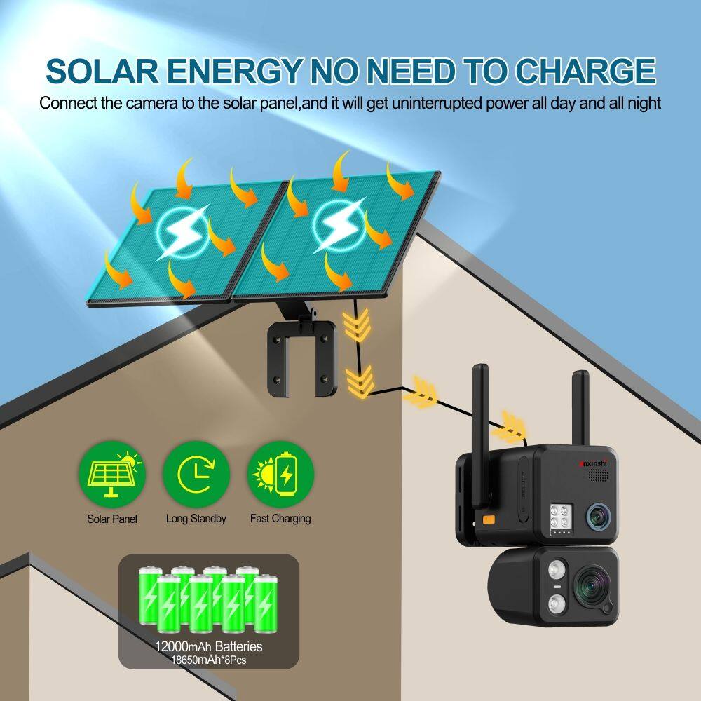 SOLAR ENERGY NO NEED TO CHARGE

Connect the camera to the solar panel, and it will get uninterrupted power all day and all night

Solar Panel  
Long Standby  
Fast Charging  

12000mAh Batteries  
18650mAh*8Pcs