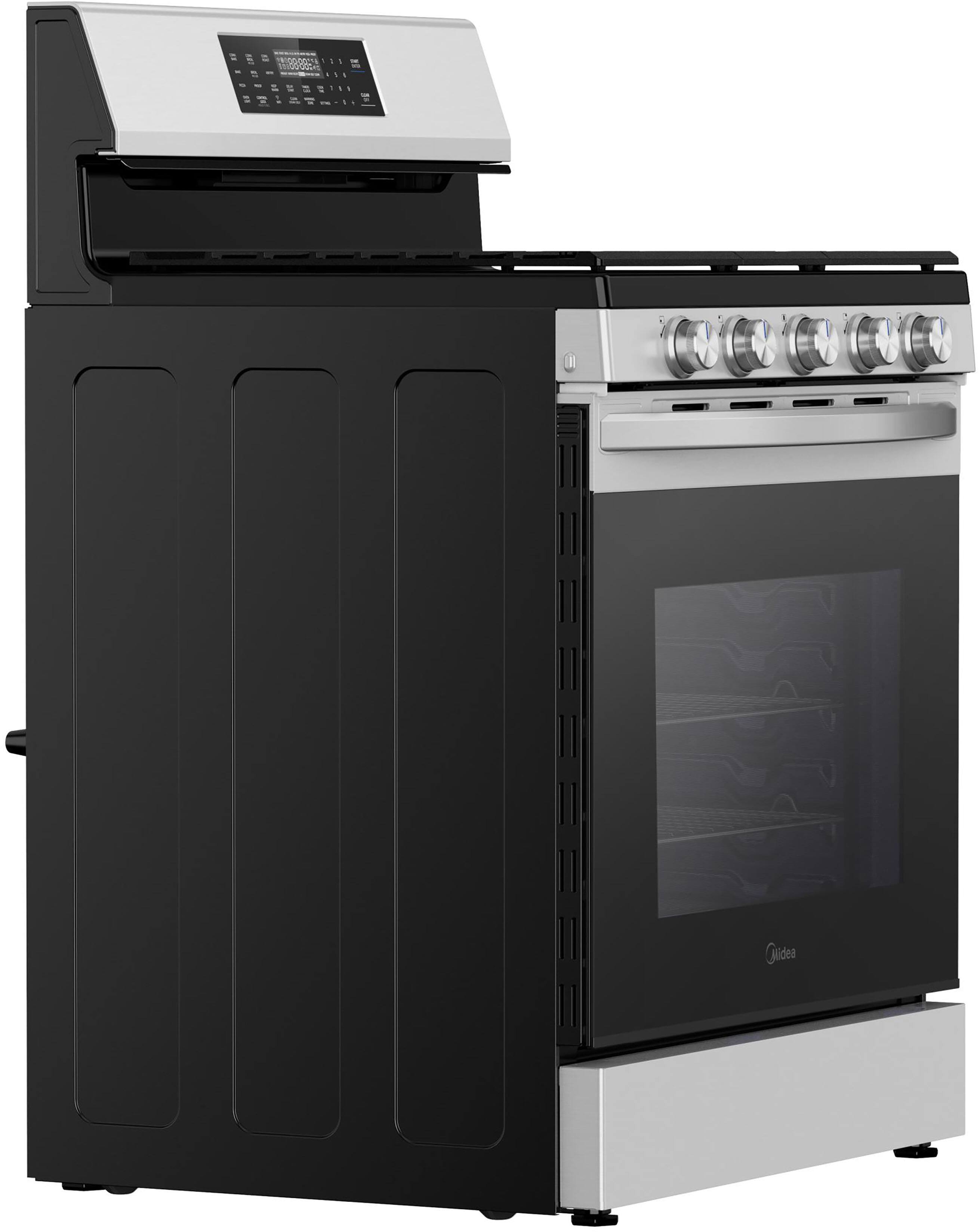 Left. Midea - 30 in. Wide 6.1 cu. ft. 5-Burner Freestanding Gas Range with Sapphire Blue Interior, Self Clean, Air Fry, 18k Dual-Valve - Stainless Steel.