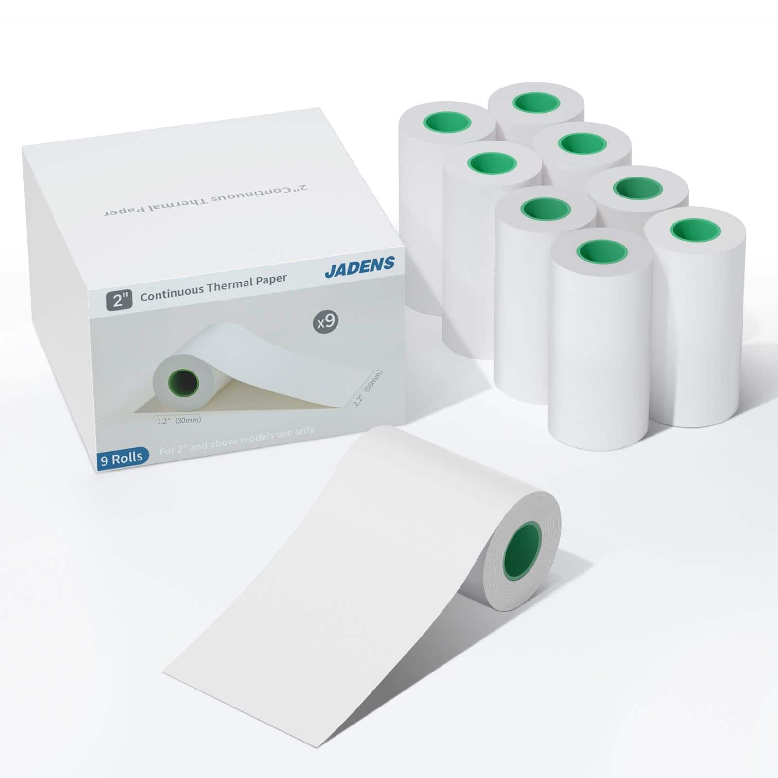 JADENS - 2-Inch Continuous Thermal Paper – Quick-Dry, Ink-Free, Archival-Grade Paper (9 Rolls) - White