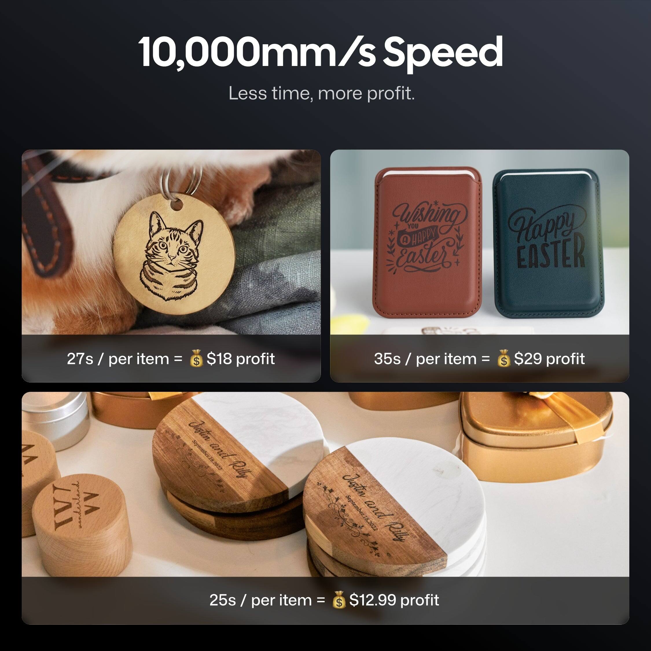 10,000mm/s Speed  
Less time, more profit.

27s / per item = $18 profit

35s / per item = $29 profit

25s / per item = $12.99 profit