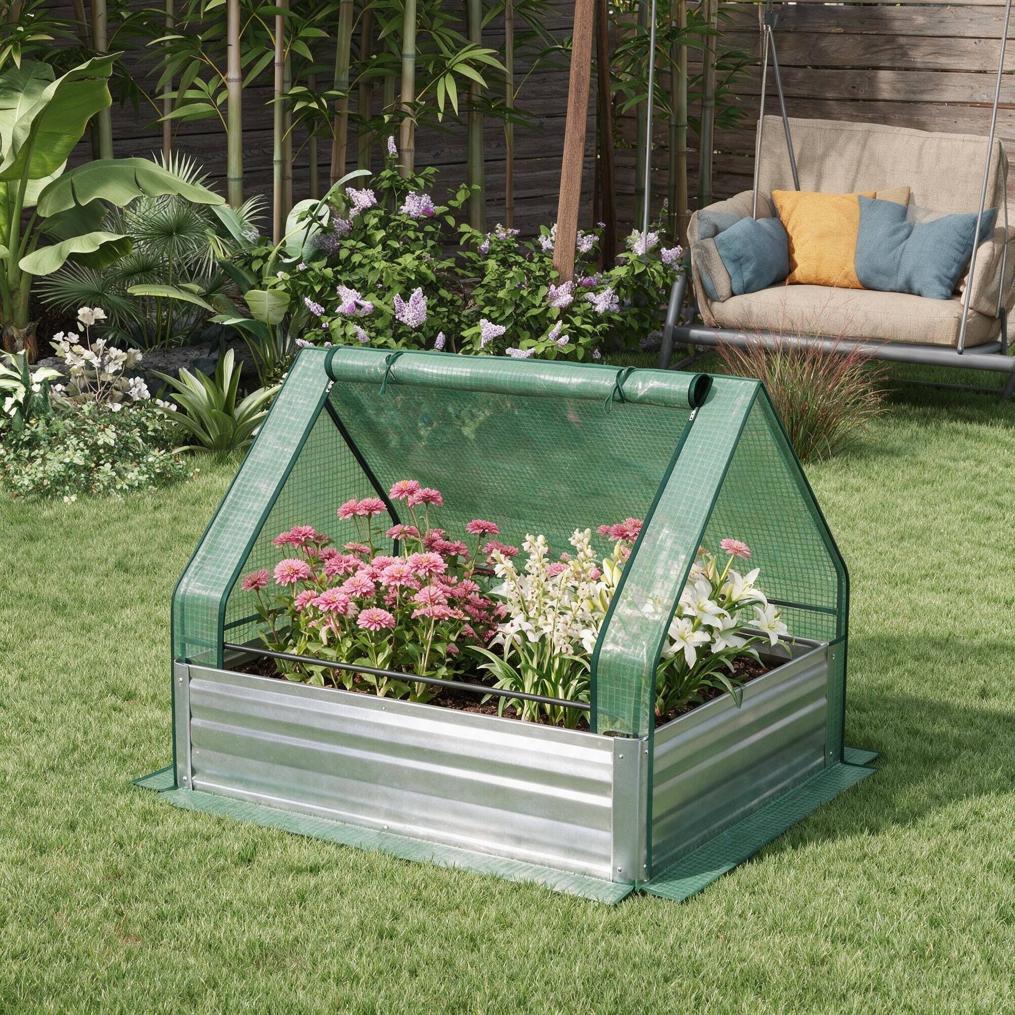 Left. RYHNUYNE - Raised Garden Bed with Mini Greenhouse, Galvanized Steel Planter Box with Cover for Herbs and Vegetables, Outdoor - Green.