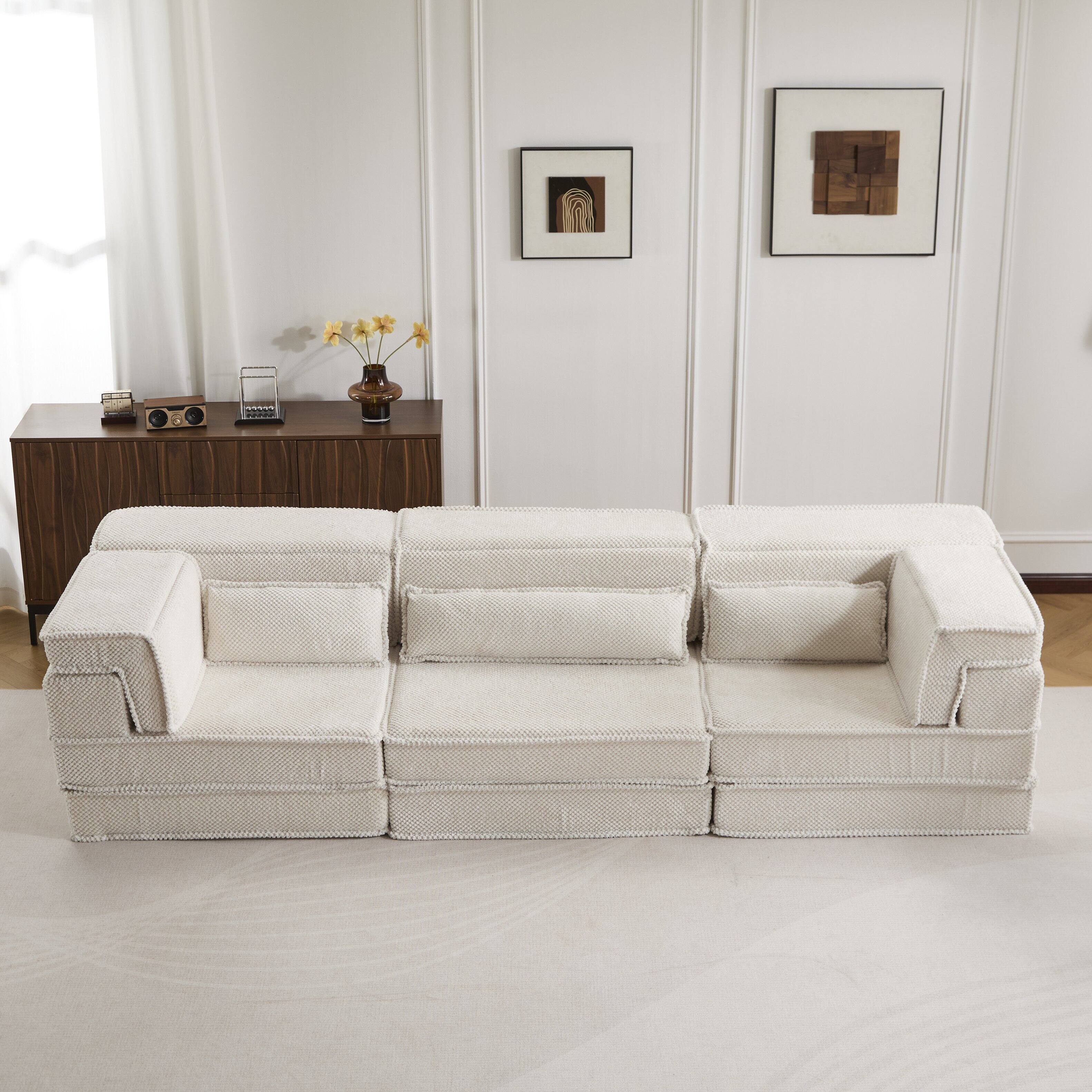 Angle. Whisen - 3-Seater Modular Mahjong Sofa Bed, Circle Fleece Fabric Convertible Floor Sectional, No Assembly Required - White.