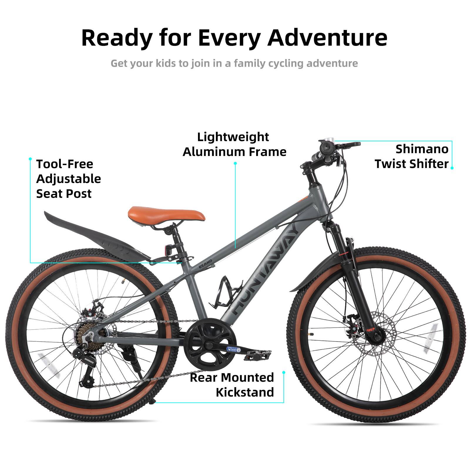 Ready for Every Adventure  
Get your kids to join in a family cycling adventure  

- Tool-Free Adjustable Seat Post  
- Lightweight Aluminum Frame  
- Shimano Twist Shifter  
- Rear Mounted Kickstand