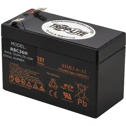 Replacement Battery
TRIPP-LITE
Tested & Approved
MODEL: RBC36H
WWW.TRIPPLITE.COM
SERIAL NUMBER: ERY
CAUTION
Do not charge in a gas tight container.
Do not short the battery terminals.
Do not flush with contaminated water.
Battery must be recycled.
Electrolyte (Acid) inside.
For USA call 800-278-8599
Http://www.bb-battery.com
SHR3.6-12
(12V/13WPC/15min/1.30VPC/25°C)
Nonspillable
High Rate
MADE IN CHINA
Pb
CE