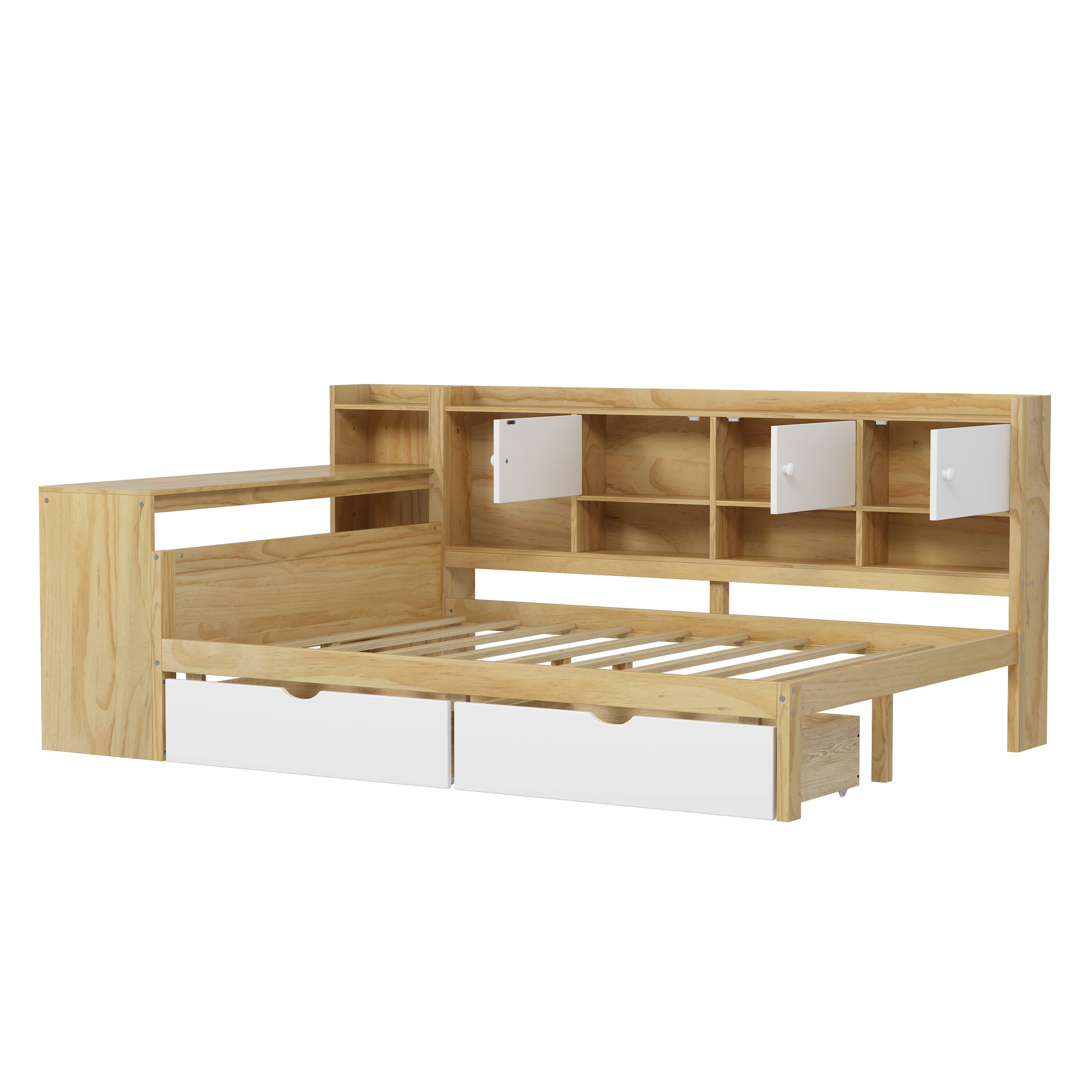 Alt View 2. Tiramisubest - Wooden L-Shape Daybed with Storage Cabinets and Drawers, Multi-functional Bed with Study Desk and Built-in Bookshelf - Natural+White.