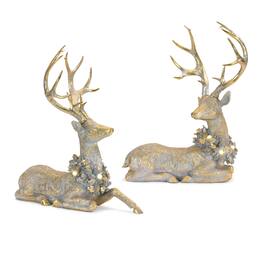 BreeBe - Holiday Deer Figurine with Lighted Wreath and Finish (Set of 2) - Gold