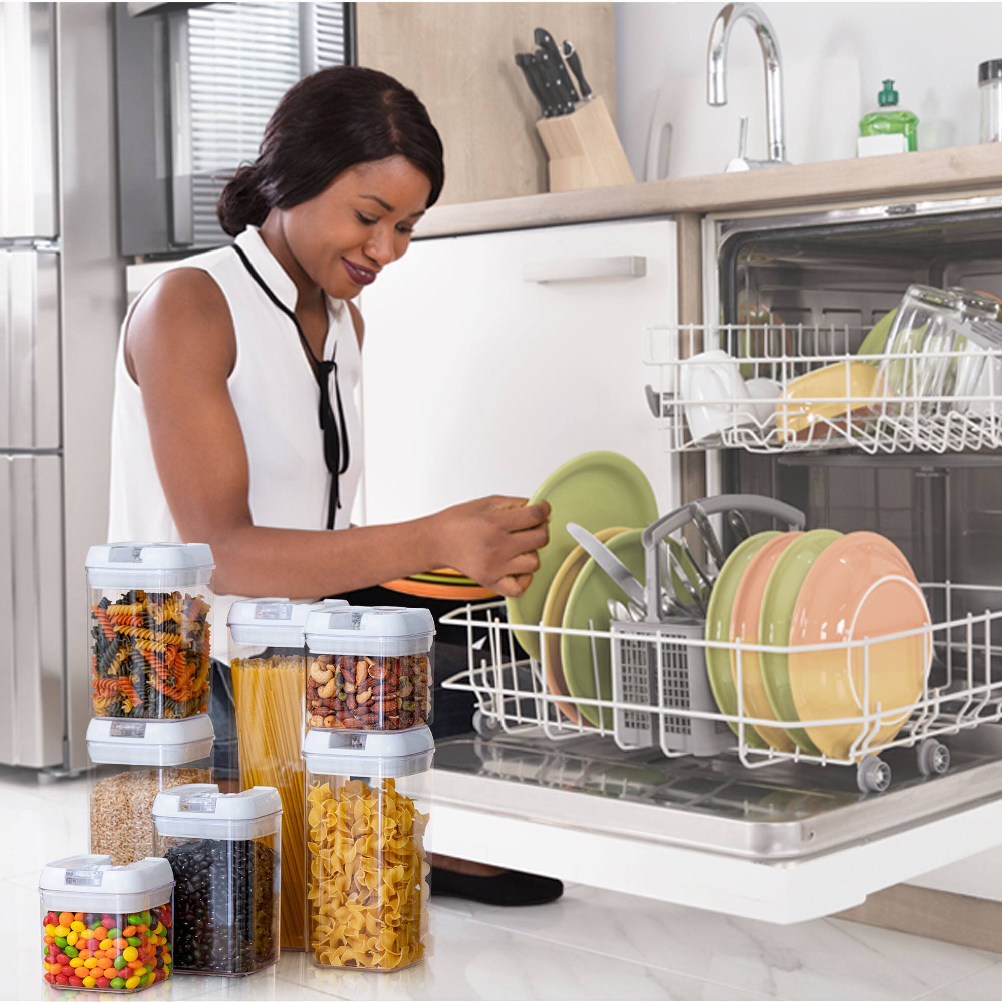Alt View 3. Cheer Collection - 7-Piece Airtight Pantry Food Storage Container Set with Mixed Sizes, Flip-Top Lids & Reusable Labels - White.