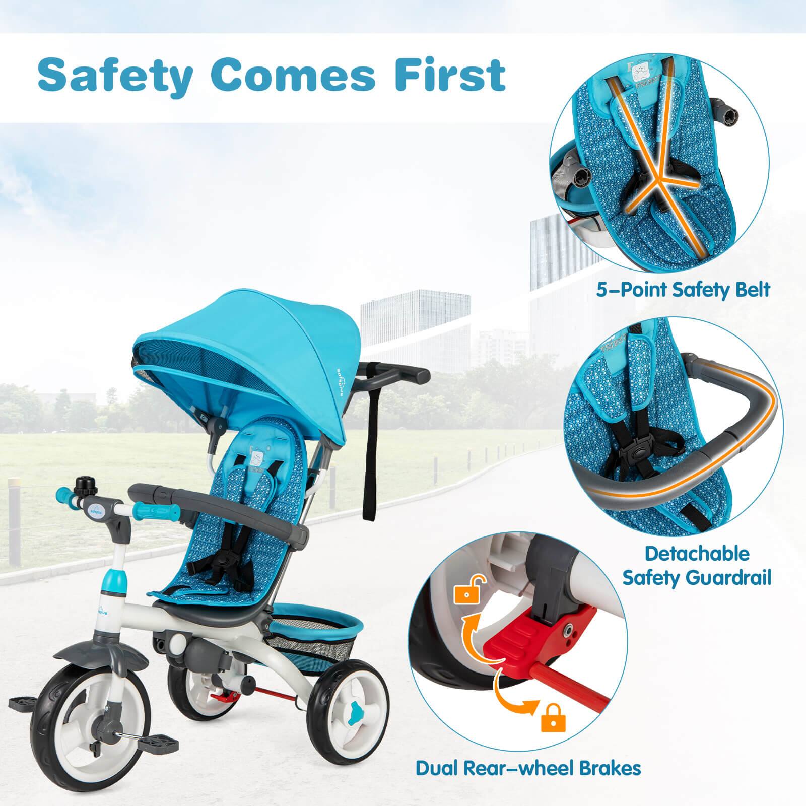 Safety Comes First

- 5-Point Safety Belt
- Detachable Safety Guardrail
- Dual Rear-wheel Brakes