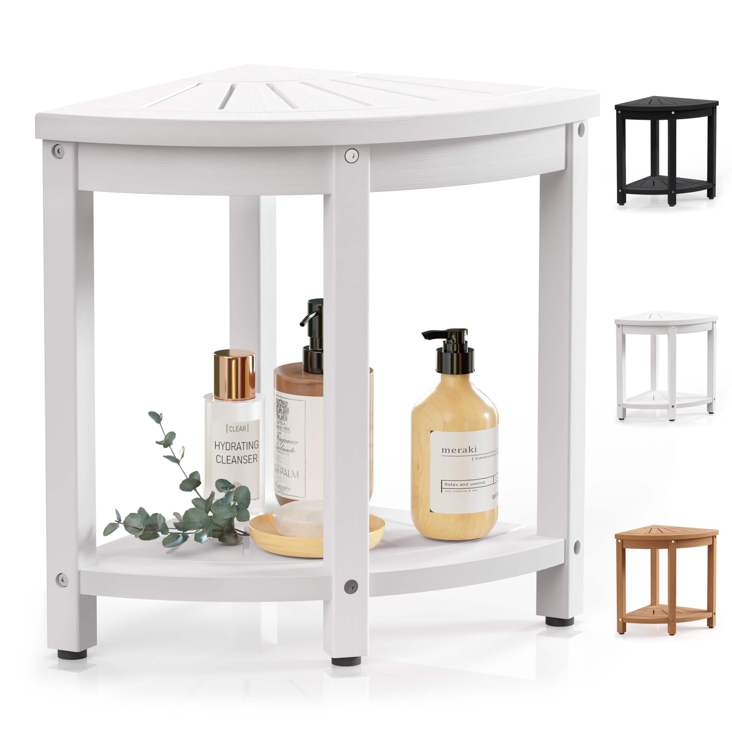 JETRANSPORT - Corner Shower Stool For Inside Waterproof Bench Seat Chair Plastic Bath Shaving Foot Rest With Storage Shelf - White 4 Legs - Stable Support